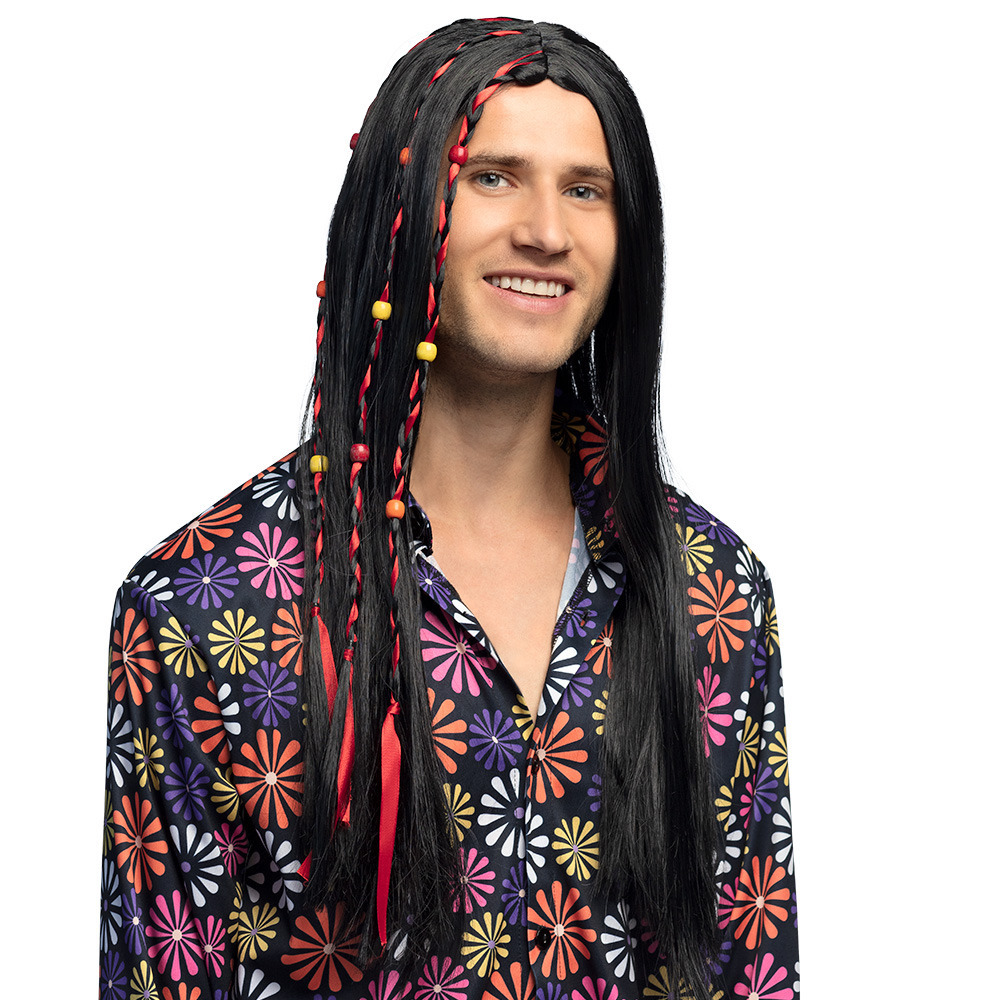 Verkleedpruik Dude voor heren - zwart - Hippie/Sixties - Carnaval - lang haar met kraaltjes -