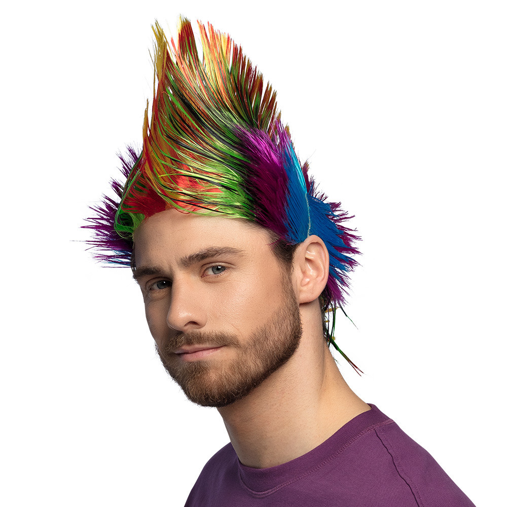 Verkleedpruik voor heren - multi kleuren - Punker/Muzikant - Carnaval - haar met hanekam -