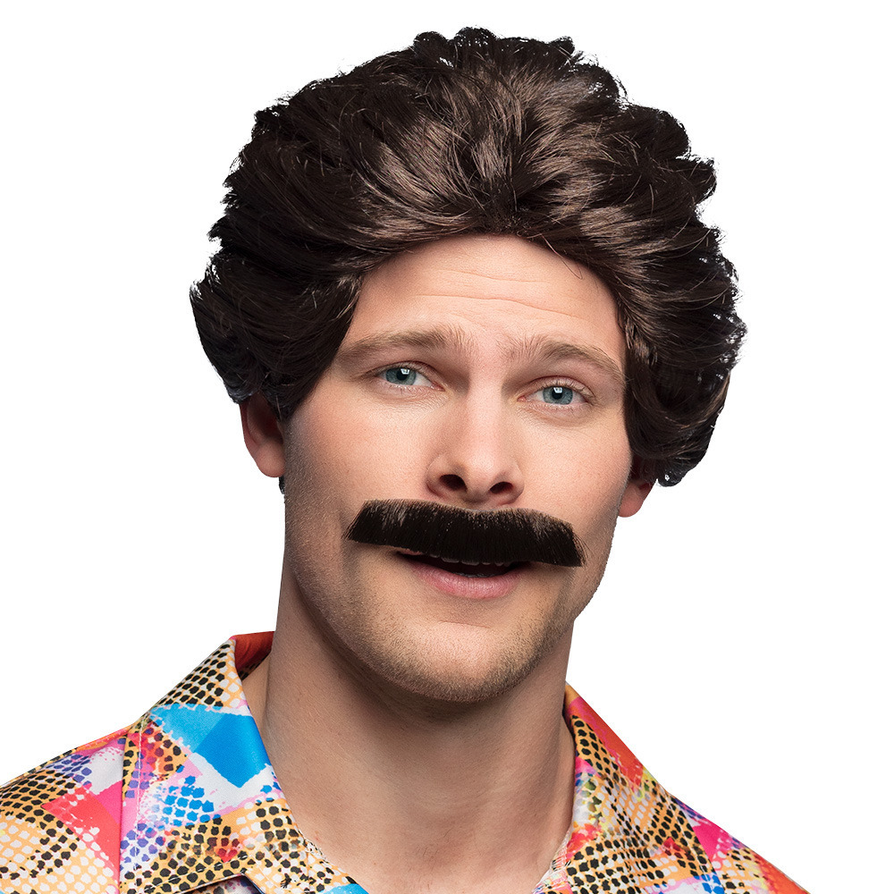 Verkleedpruik voor heren - bruin - Eighties/Filmster - Carnaval - haar en foute snor -