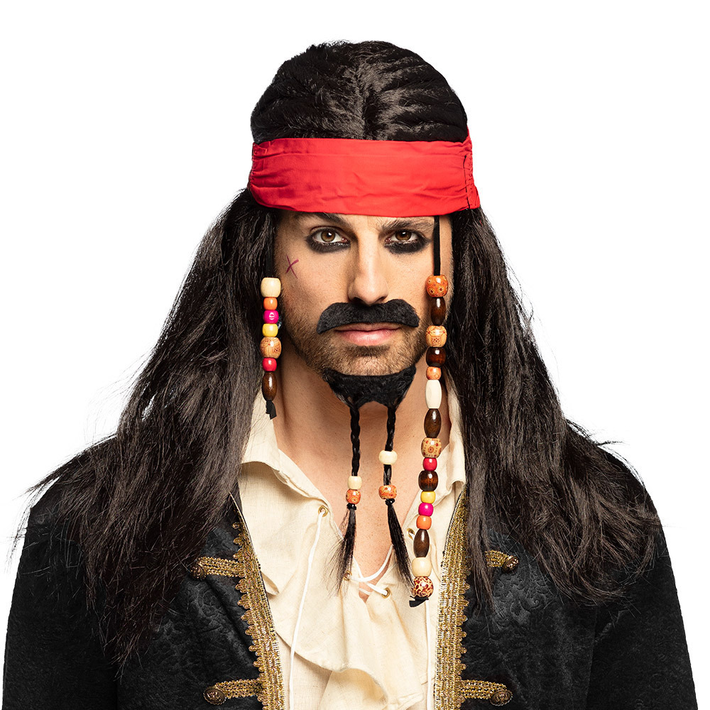 Verkleedpruik voor heren - zwart - Piraten kapitein - Carnaval - met bandana/baard/snor -