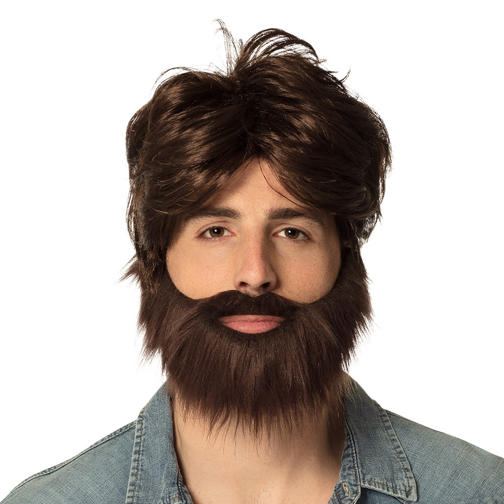 Verkleedpruik voor heren met baardje - bruin - The Hangover Dude - Carnaval - kort haar -