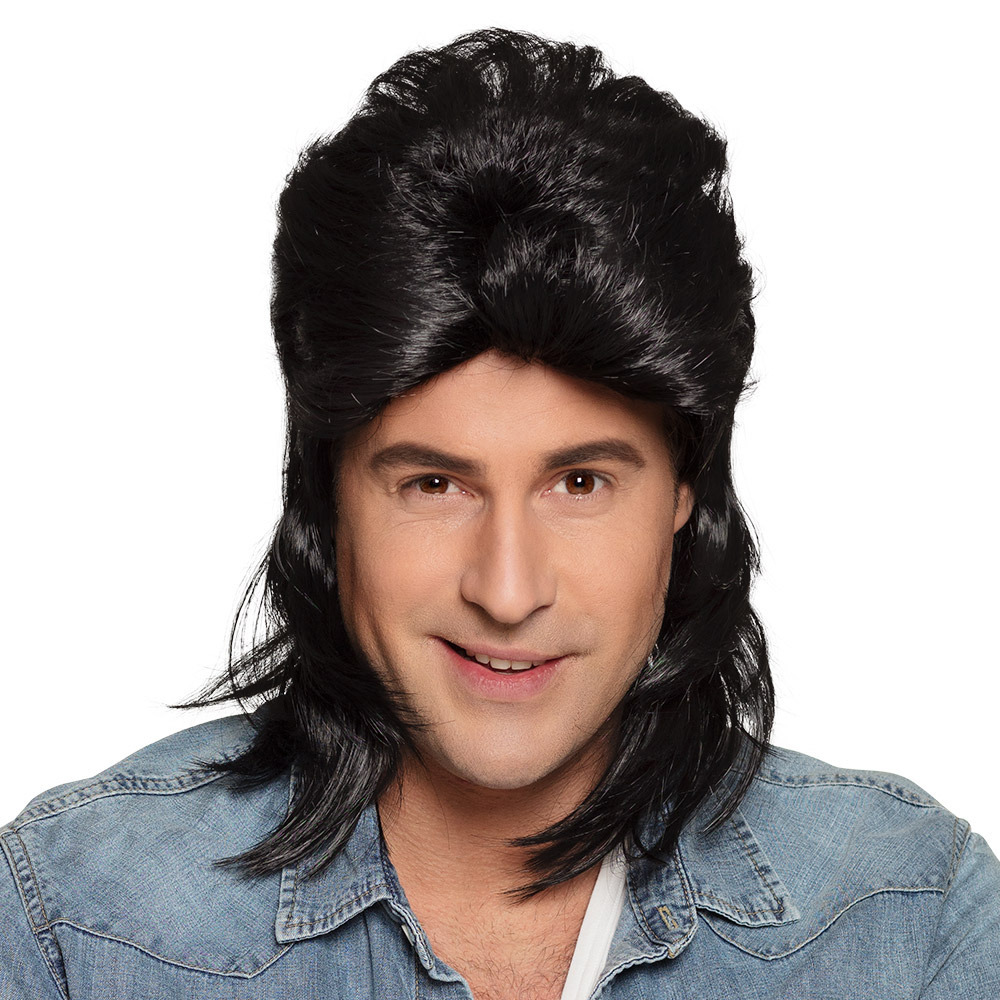 Verkleedpruik met matje voor heren - zwart - Eighties/Nineties - Carnaval - half lang haar -