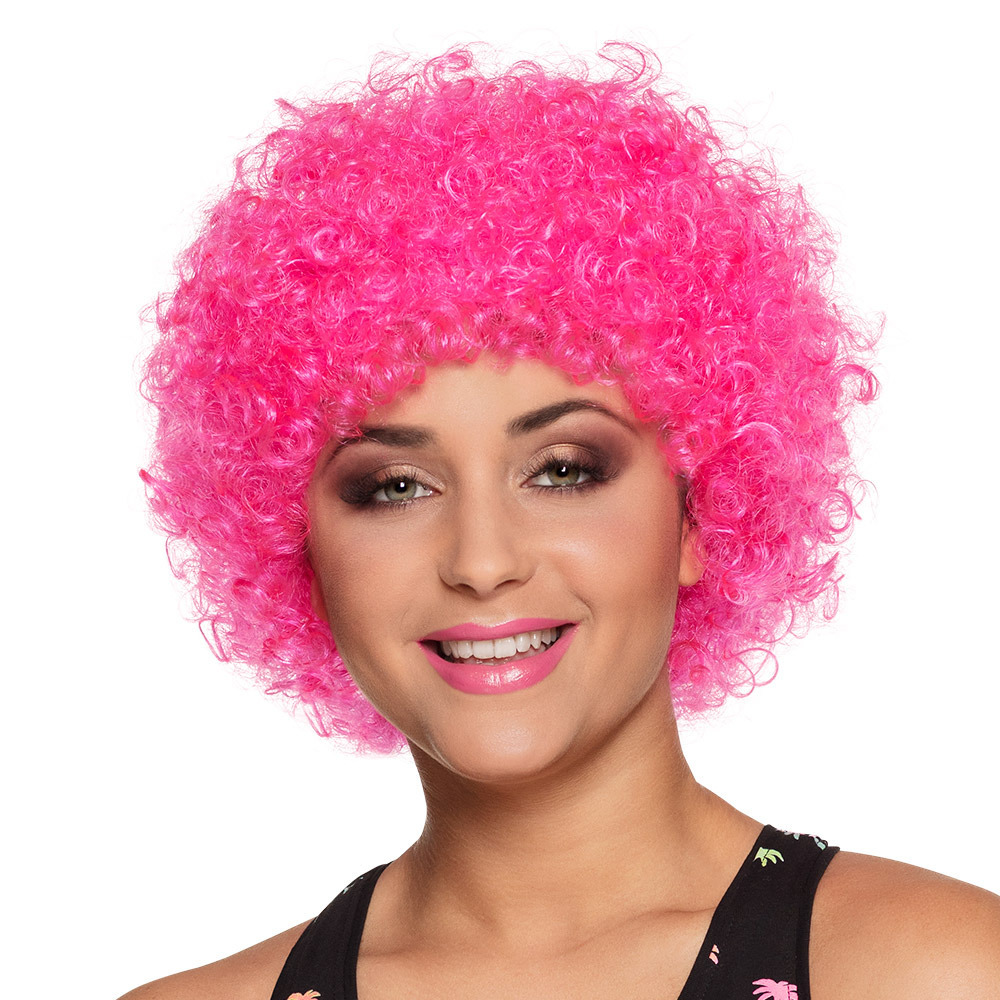 Verkleedpruik voor heren en dames - felroze - Feestpruik - krullen/krulletjes -