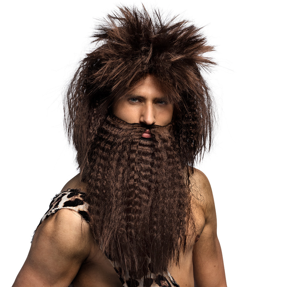 Verkleedpruik met baard voor heren - bruin - Holbewoner - Carnaval - lang wild haar -