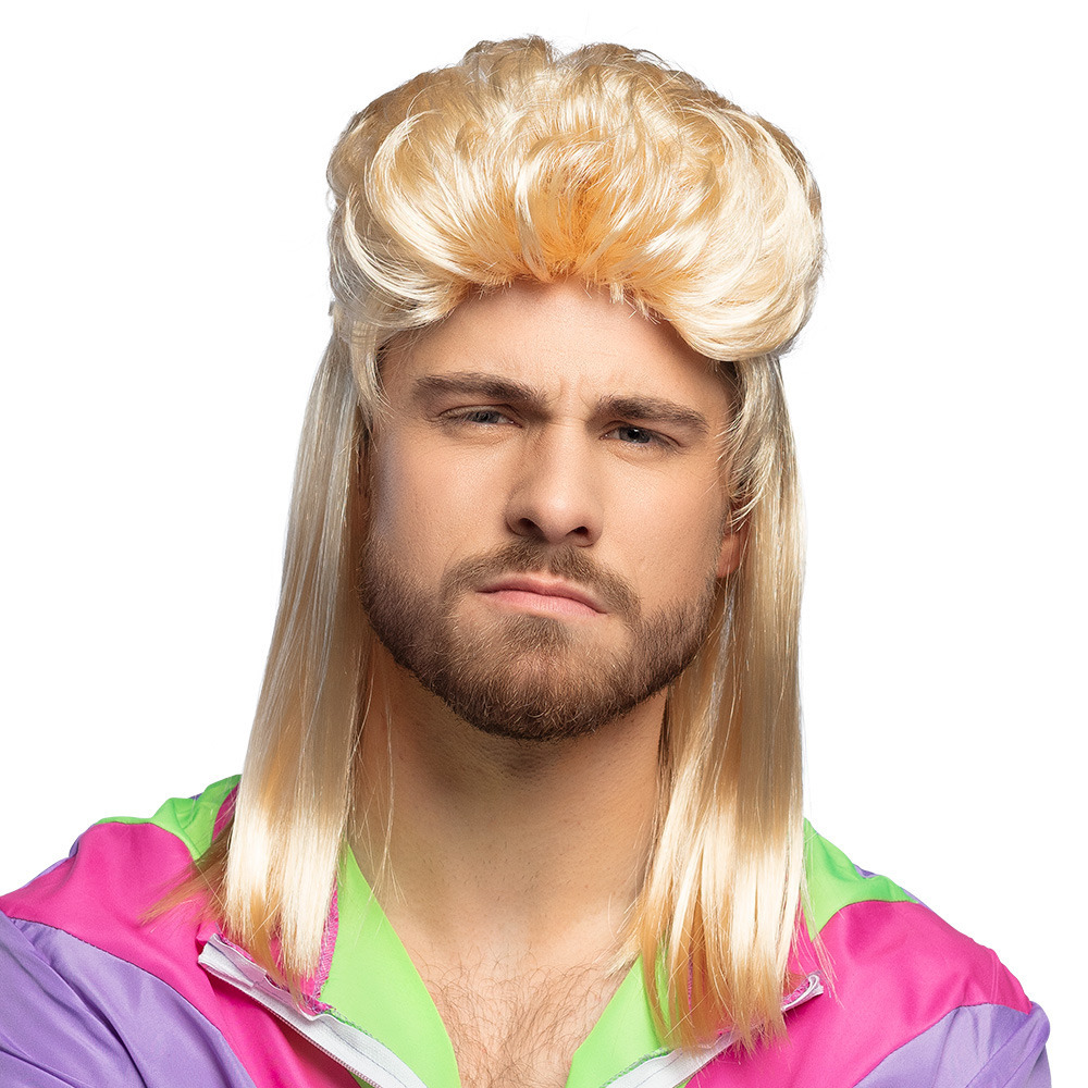Verkleedpruik met matje voor heren - blond - Eighties/Nineties - Carnaval - lang haar -