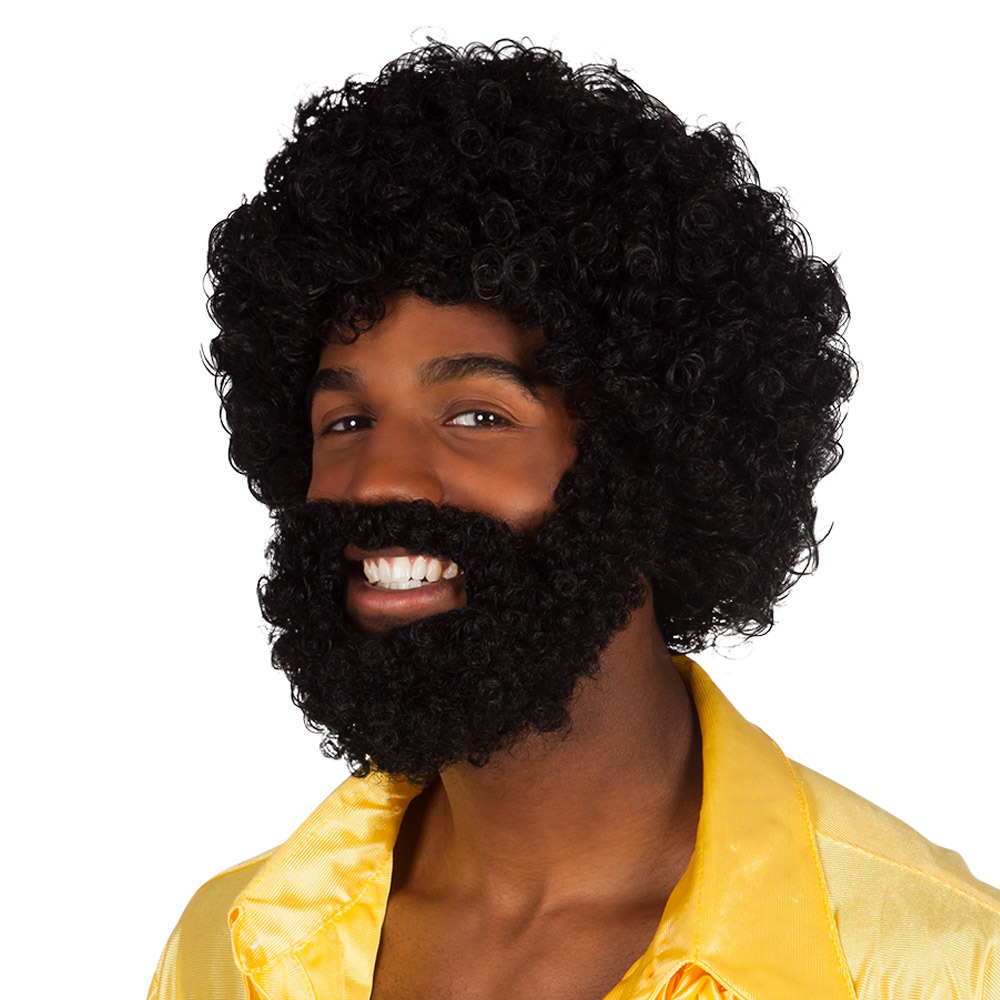 Verkleedpruik voor heren met baardje - zwart - Seventies/Disco - Rufus the Dancer - Carnaval -