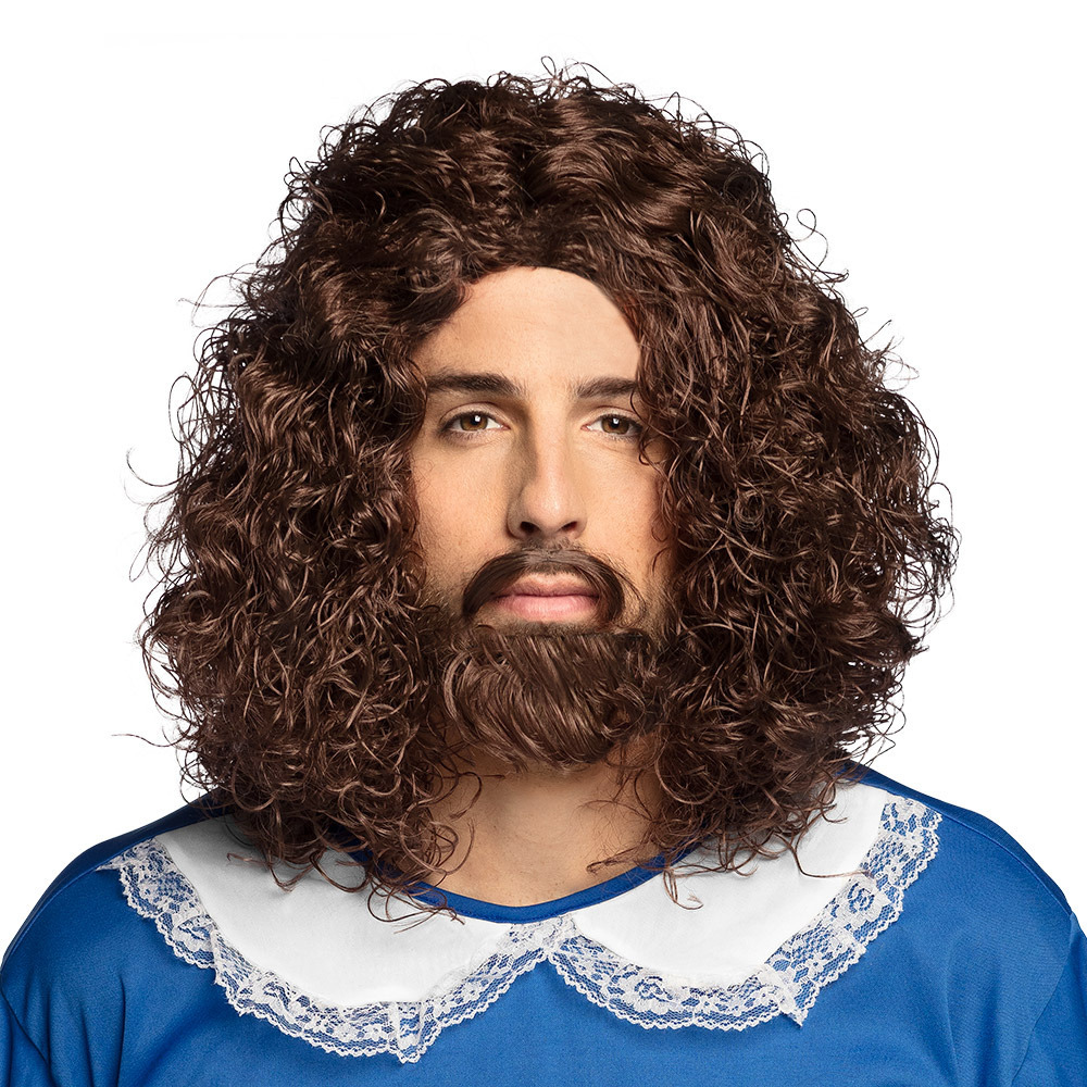 Verkleedpruik met baard heren - bruin - Middeleeuwen/Musketier/krijger - Carnaval - half lang haar -