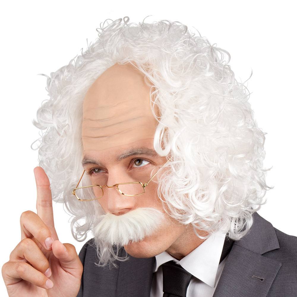 Verkleedpruik voor heren - wit - Professor/oude man - Carnaval - half lang warrig haar -