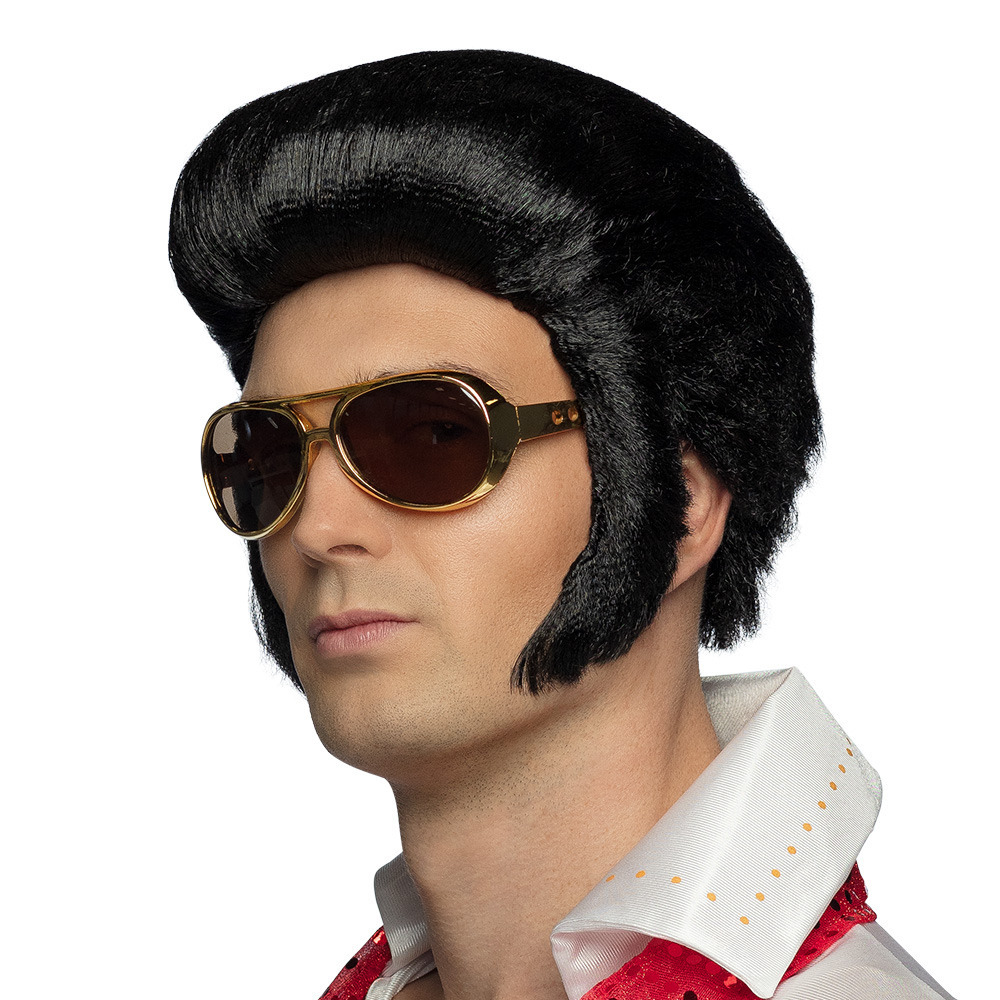 Verkleedpruik voor heren - zwart - Rock and Roll/muzikant/Elvis - Carnaval - haar met bakkebaarden -