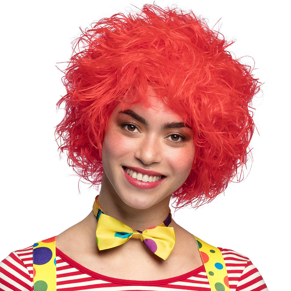 Verkleedpruik voor heren/dames - Clown - knalrood - Carnaval - kort wild haar -