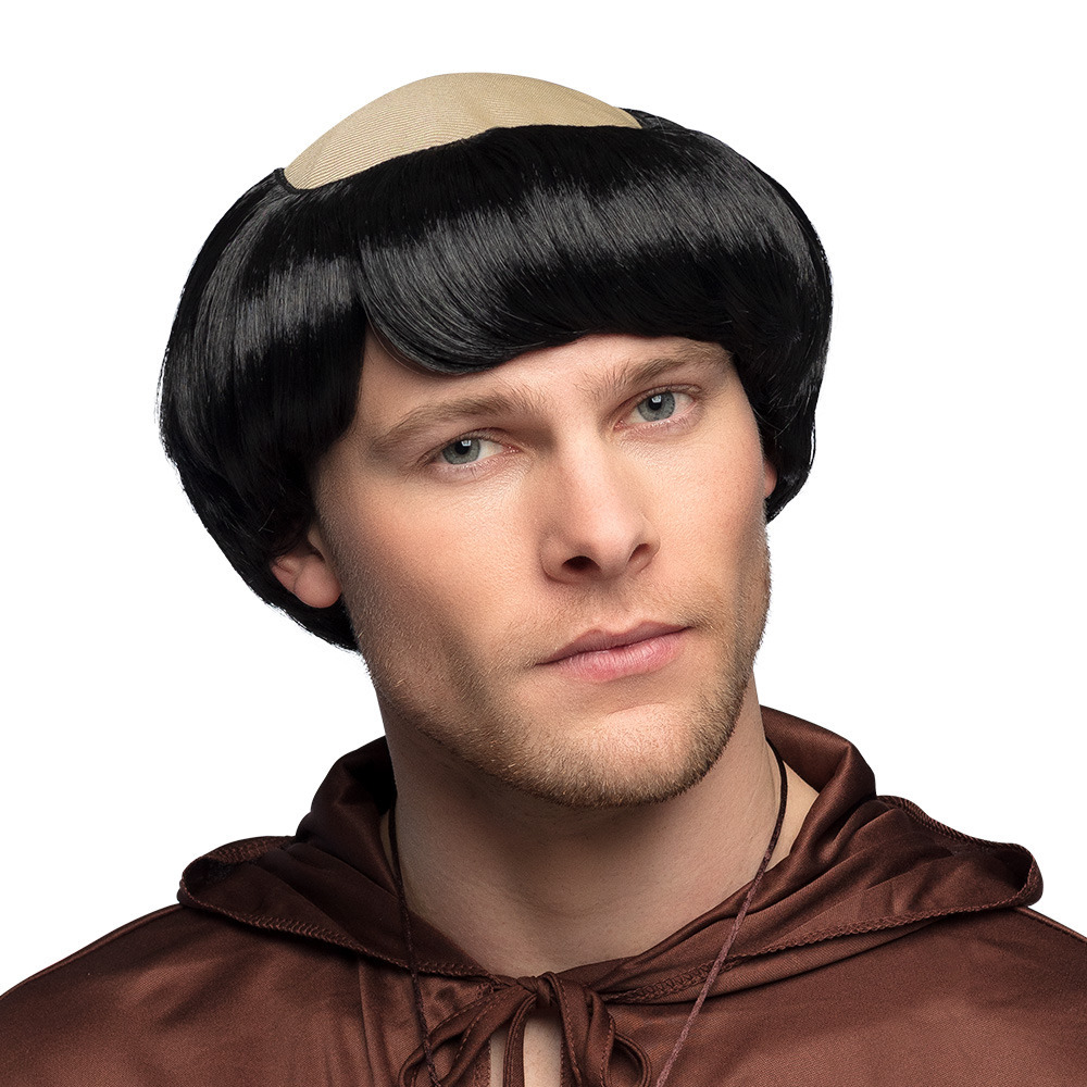 Verkleedpruik voor heren - zwart - Monnik/priester - Carnaval - kort haar/kaal hoofd -