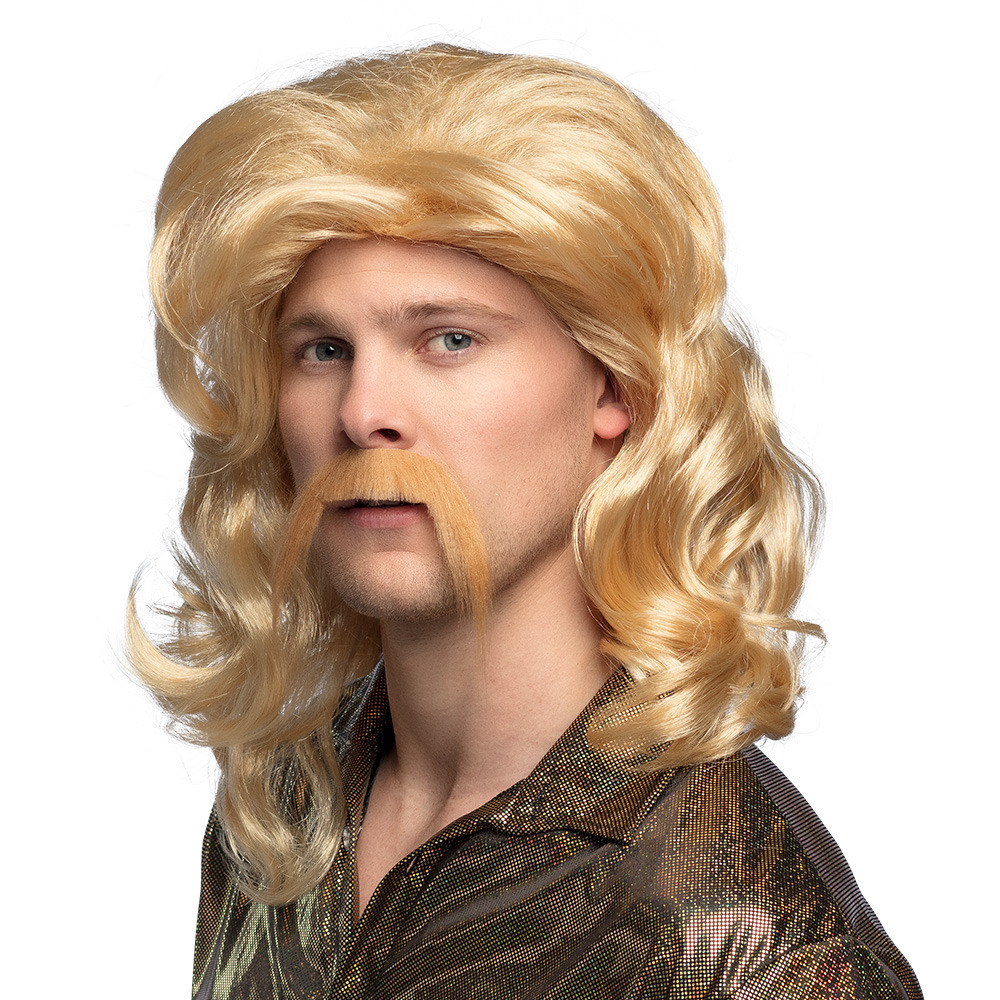 Verkleedpruik met matje voor heren - blond - Eighties/Nineties - Carnaval - half lang haar en snor -