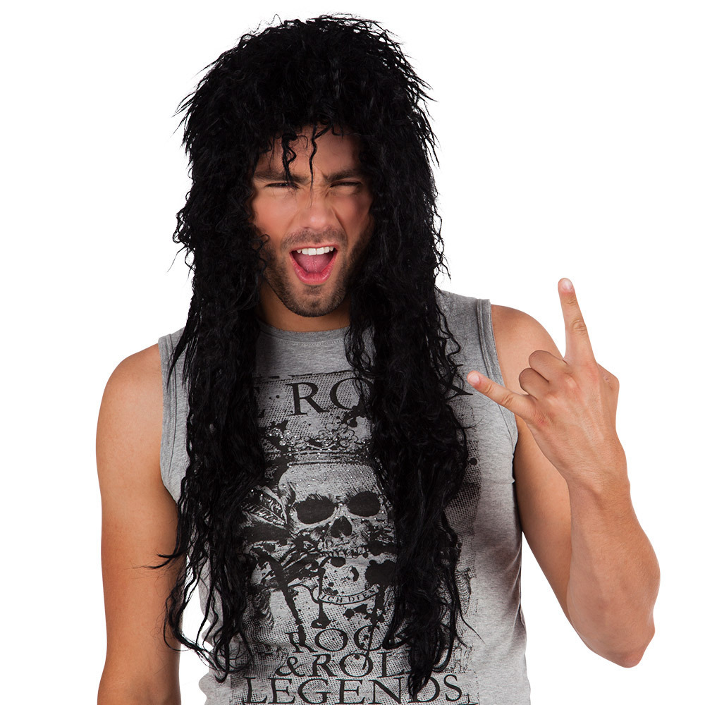 Verkleedpruik voor heren - zwart - Eighties/Rocker/Muzikant - Carnaval - lang haar -
