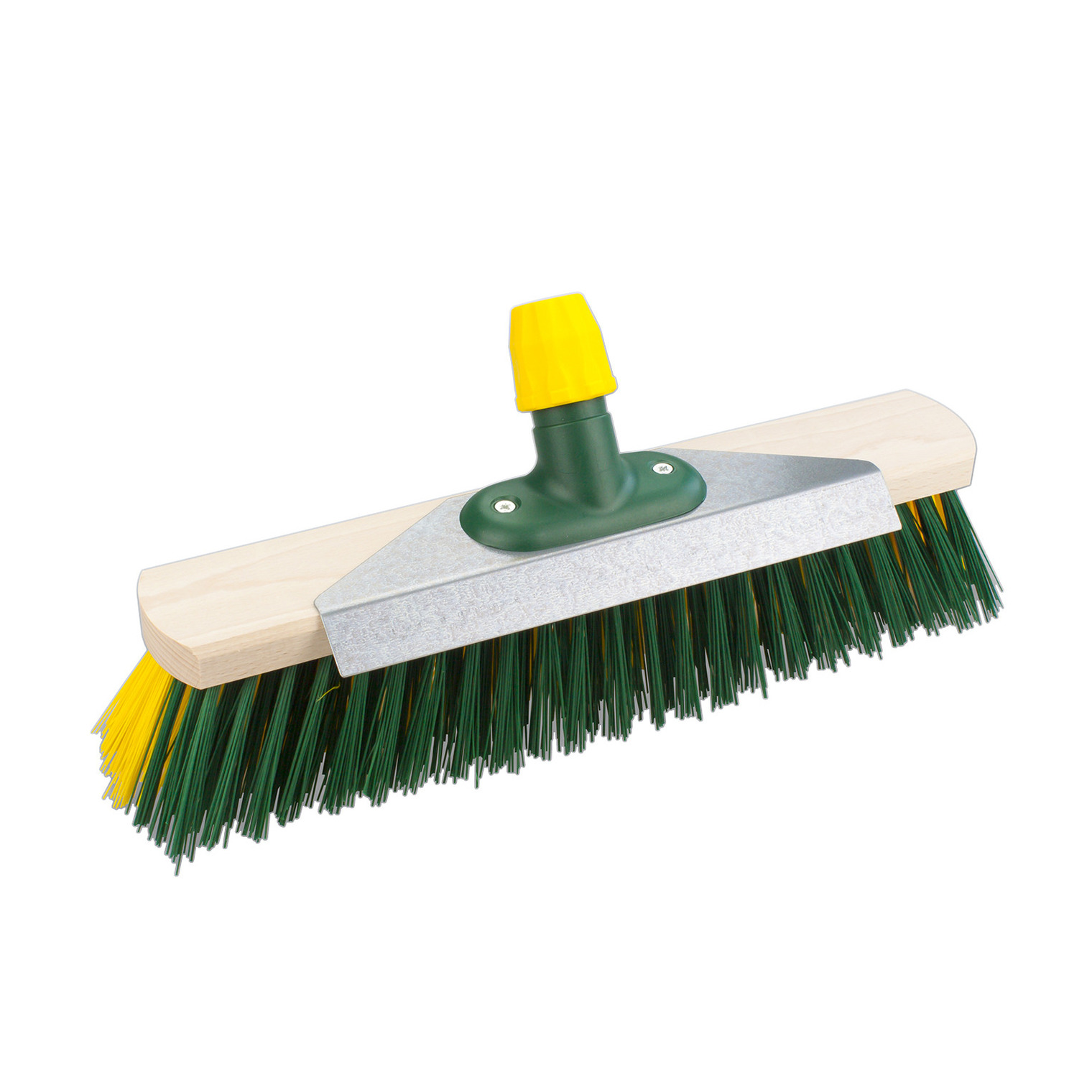 Houten harde straatbezem/buitenbezem met aluminium schraper elaston groen/geel 40 cm -