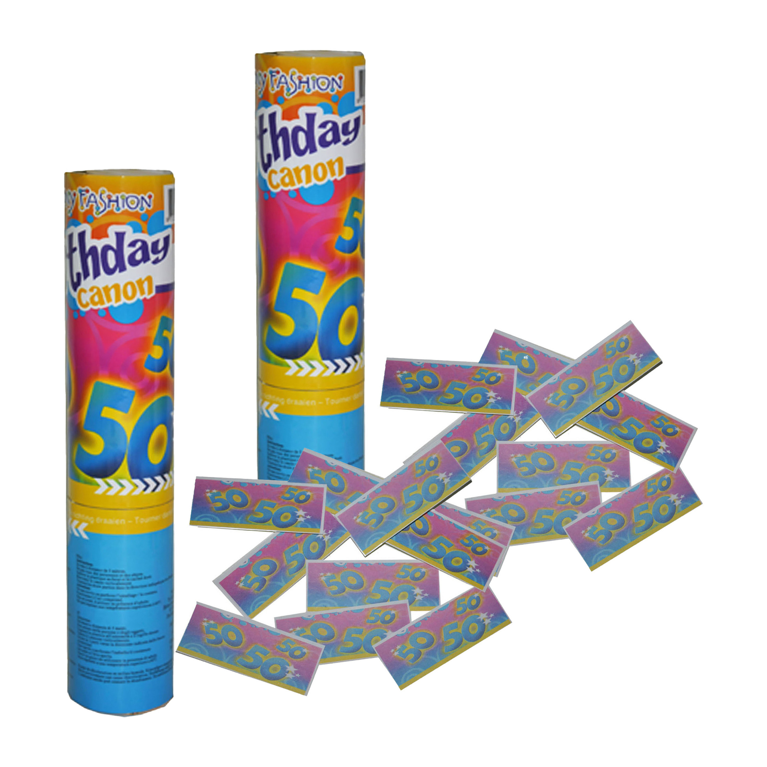 Party popper/confetti shooter - 2x - verjaardag 50 jaar - papier - multi kleuren - 20 cm -