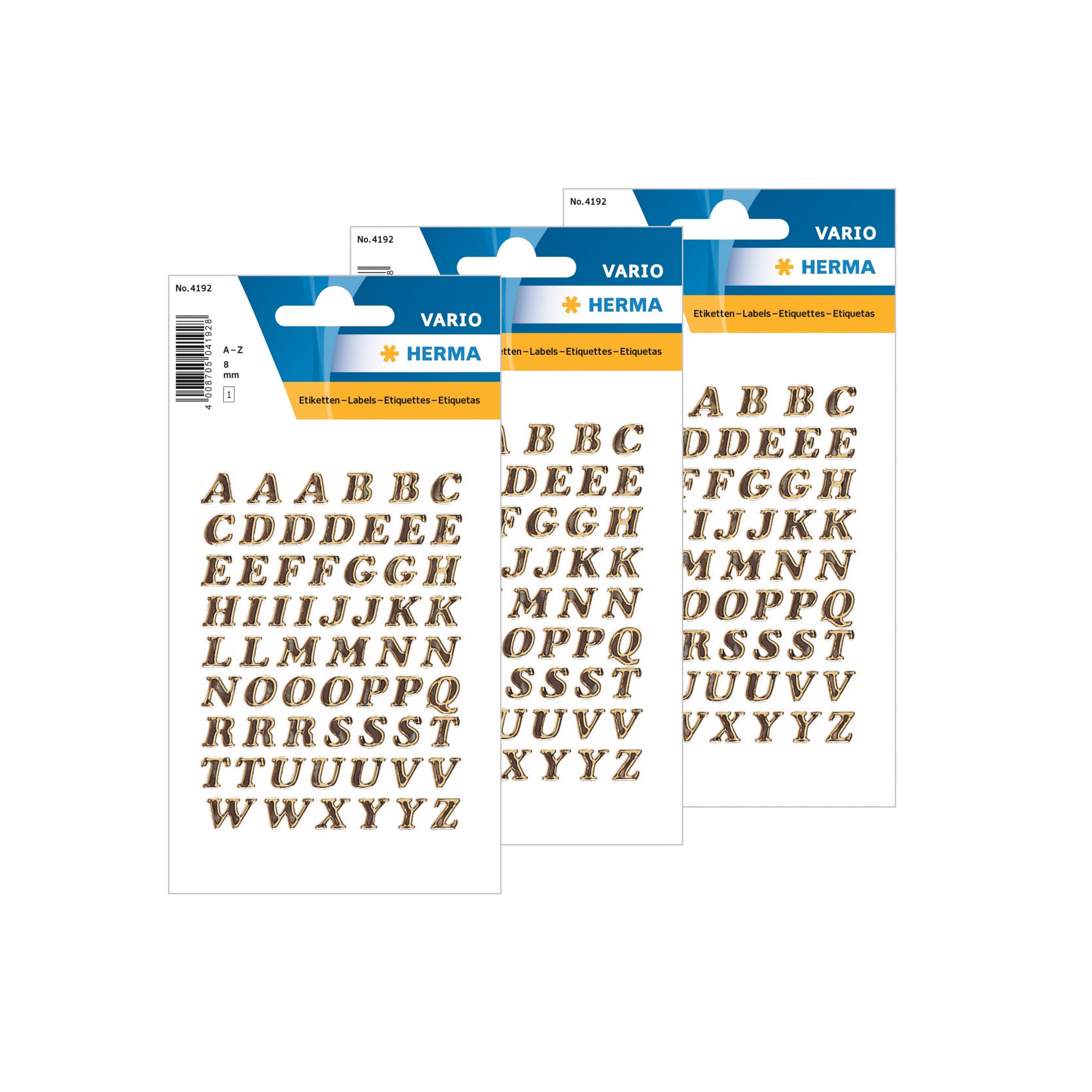 Herma Stickervelletjes met 3x stuks vellen plak letters - alfabet A tot Z - goud/folie - 8 mm -