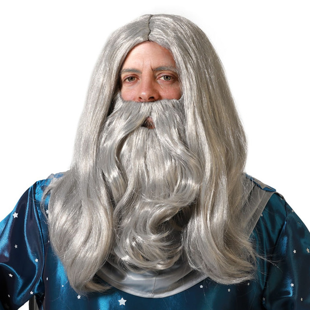 Verkleedpruik met baard heren - grijs - Middeleeuwen/Tovenaar - Carnaval - lang haar -