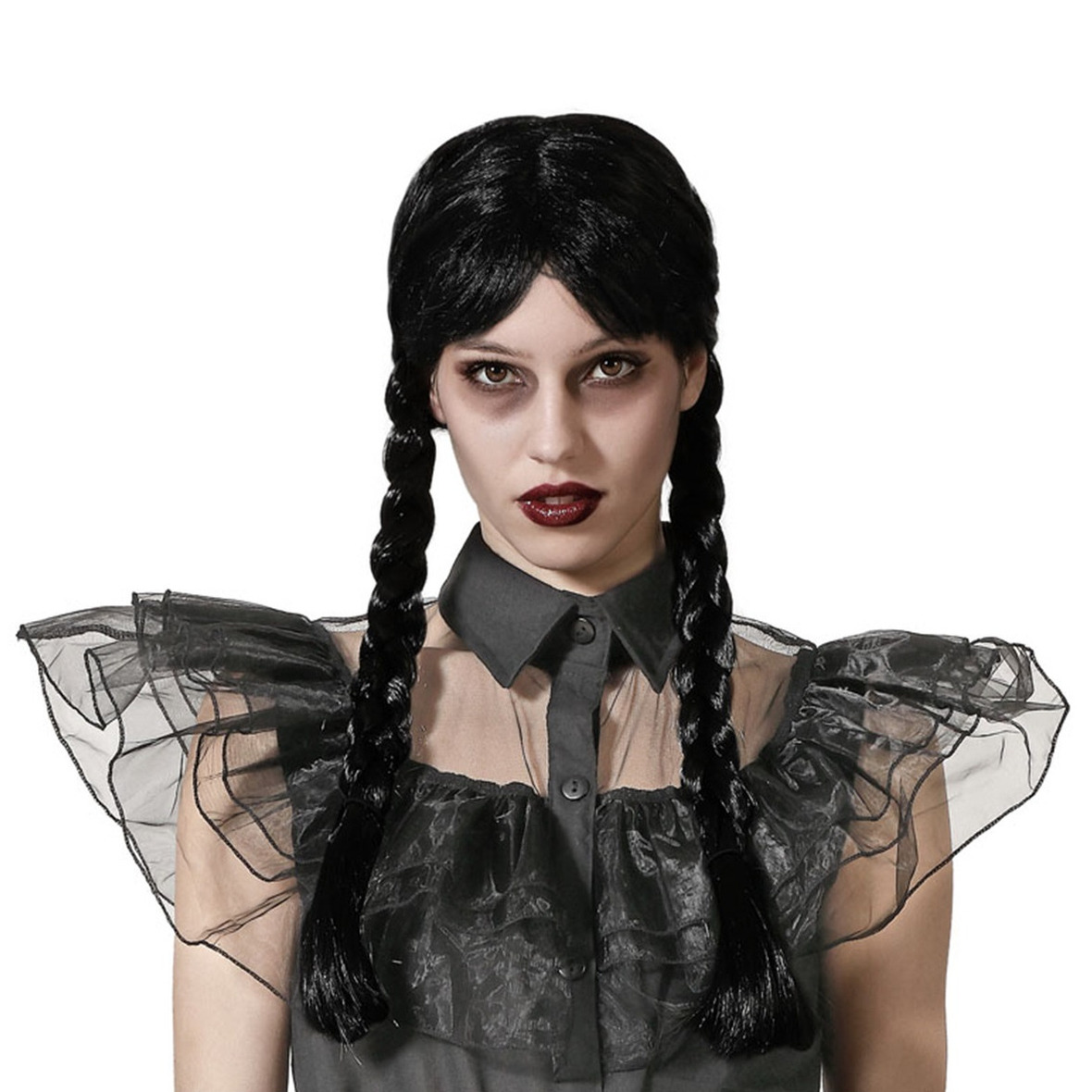 Verkleedpruik Dames Wednesday - Zwart - Met lange vlechtjes - lang haar - Halloween - Horror thema -