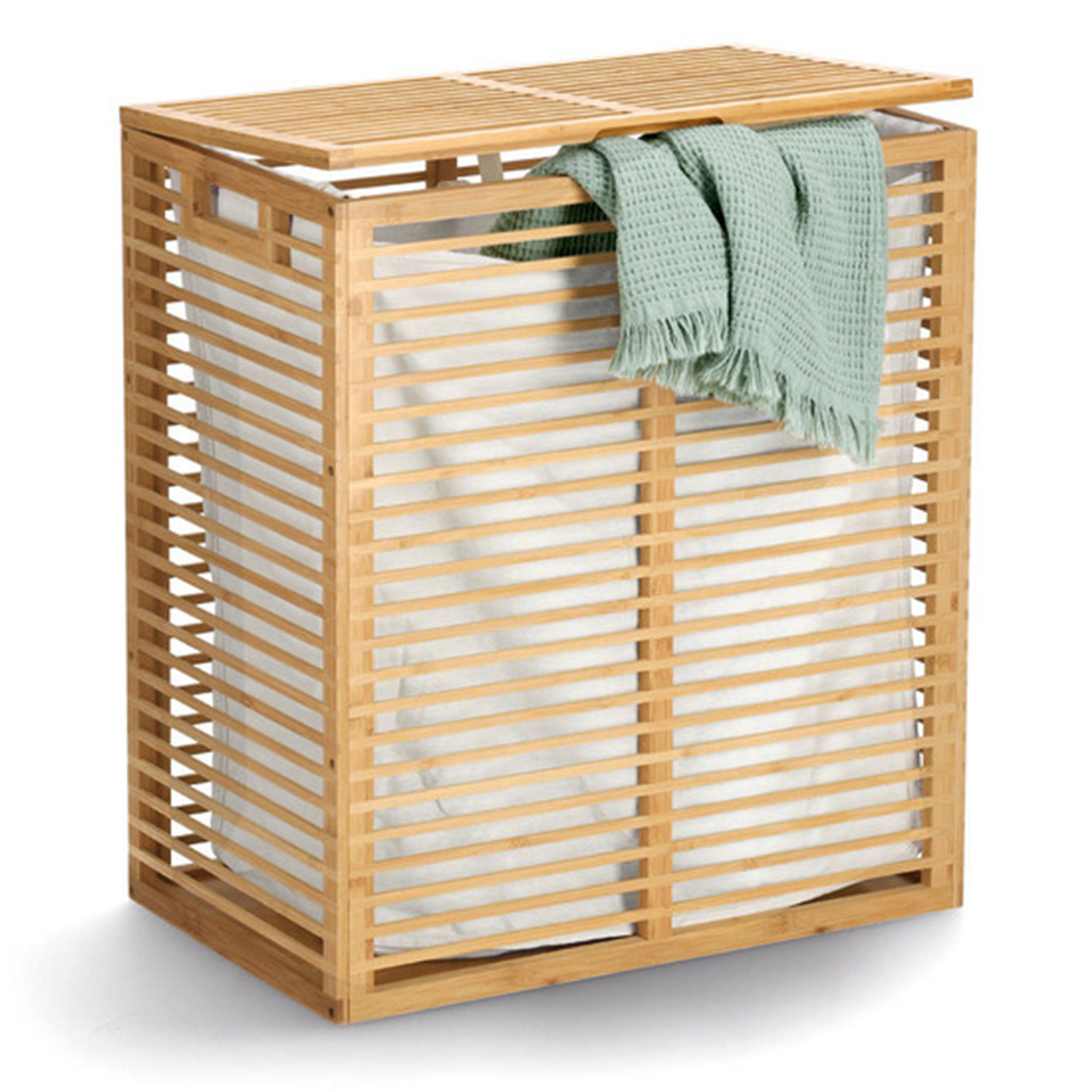 Wasmand/kist - bamboe/katoen - met deksel en canvas waszak - naturel - 53 x 33 x 61 cm -