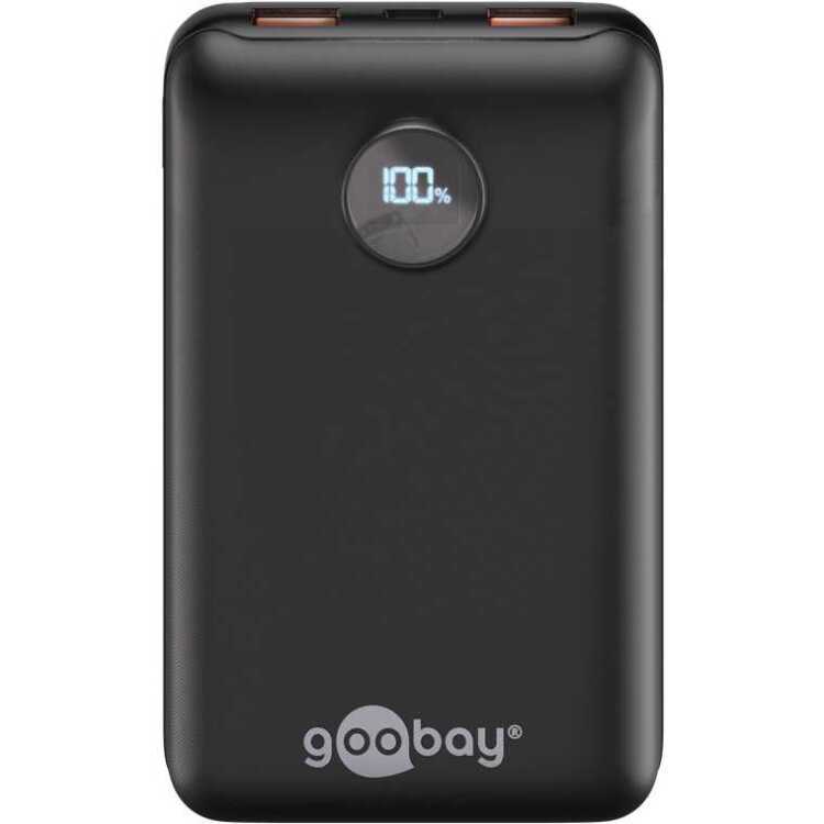 goobay Power Bank Compact 20.000 mAh powerbank 20 Ah, 1x USB-A, 1x USB-C, Power Delivery, Quick Charge