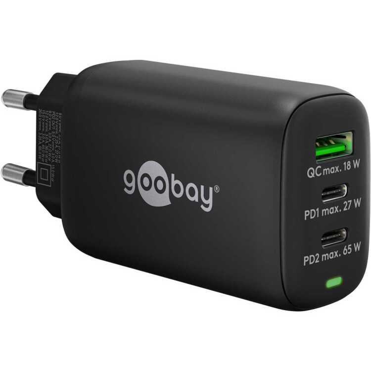 goobay USB-C PD GaN Multiport snellader (65 W) oplader 2x USB-C, 1x USB-A, Power Delivery, QuickCharge