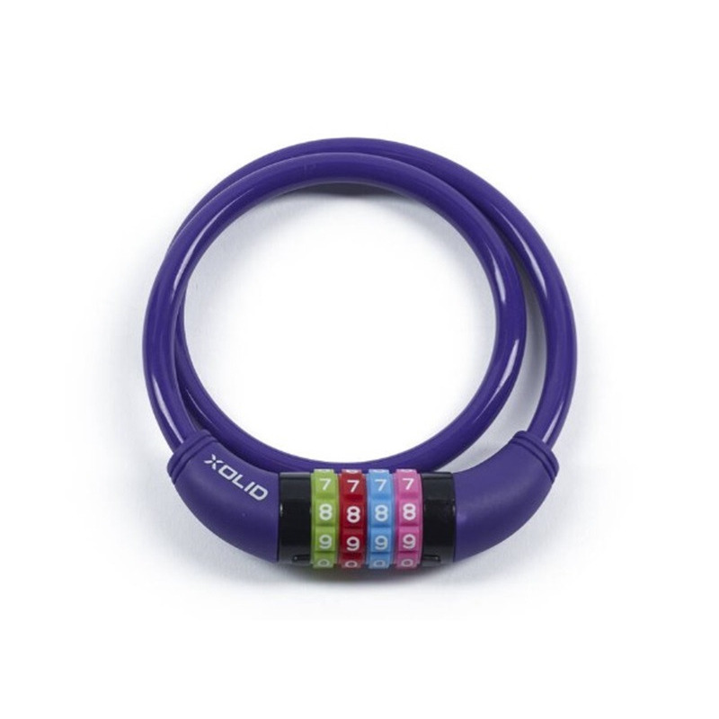 Xolid kabel fietsslot met cijferslot - 65 cm - paars - kabelslot fiets - 4-cijfers combinatieslot -