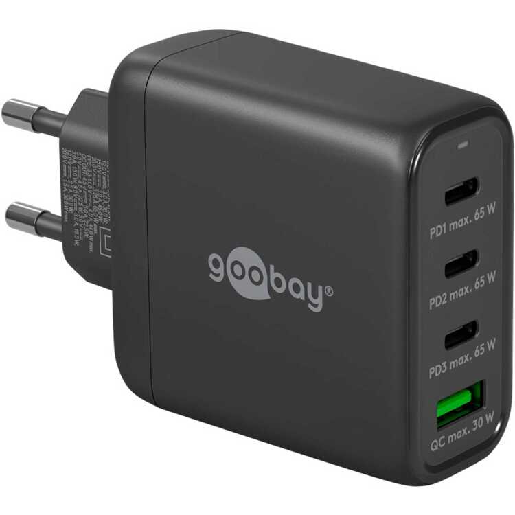 goobay USB-C PD GaN multipoort snellader (68 W) oplader 3x USB-C, 1x USB-A, Power Delivery, QuickCharge