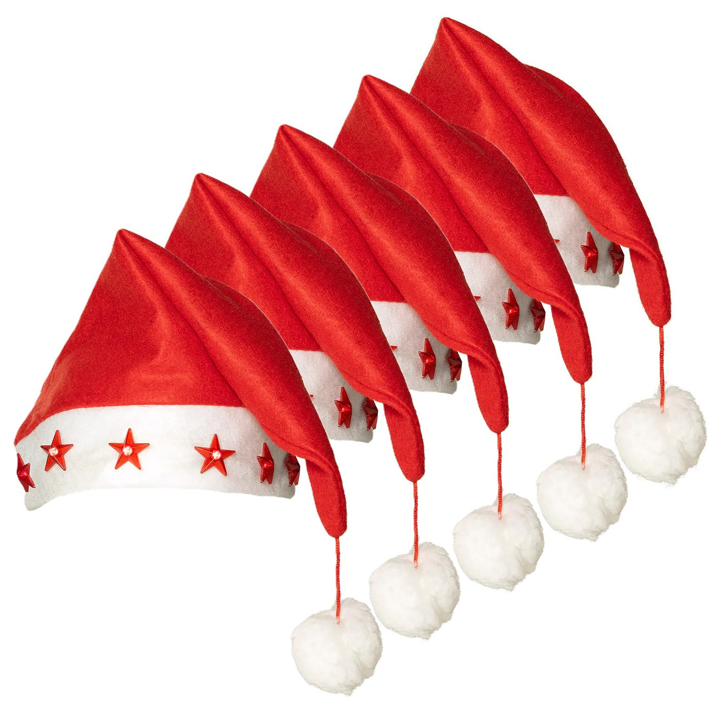 Kerstmutsen - 10x - rood - met sterren lichtjes - polyester - volwassenen - verlichte kerstmuts -
