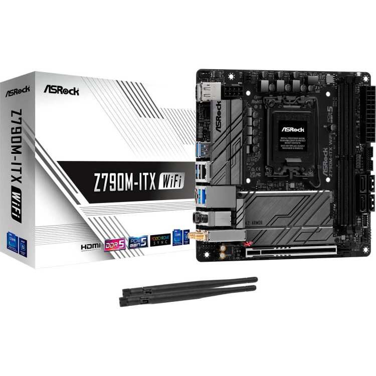 ASRock Z790M-ITX WiFi moederbord RAID, 2.5 Gb-LAN, Gb-LAN, Wi-Fi, BT, Sound, Mini-ITX