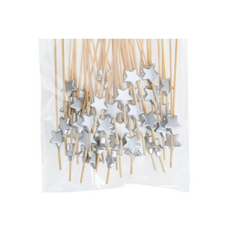 Hapjes Cocktailprikkers met sterretje - zilver - 100x stuks - bamboe - hapjes prikkers - 12 cm -