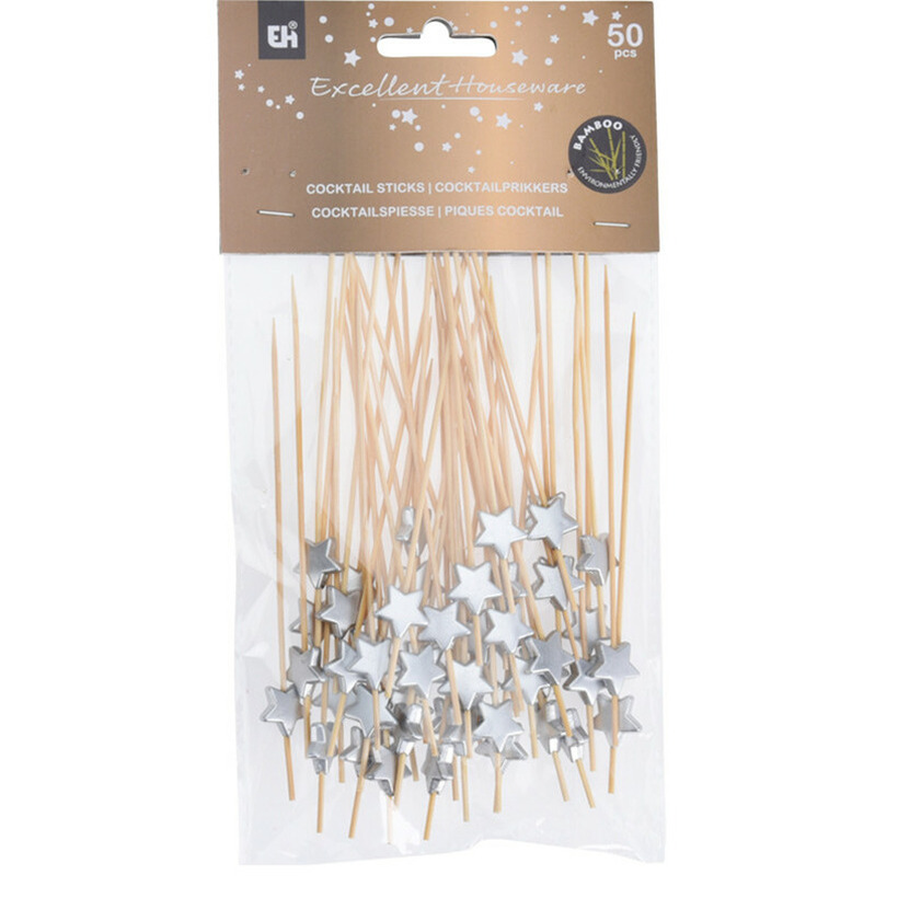 Hapjes Cocktailprikkers met sterretje - zilver - 50x stuks - bamboe - hapjes prikkers - 12 cm -