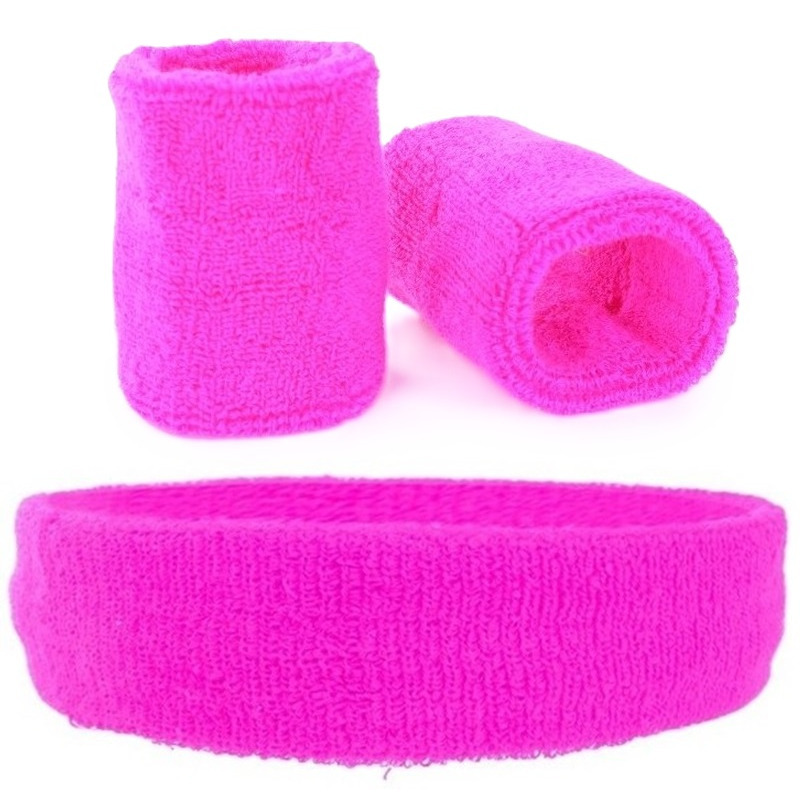 Zweetbandjes set neon roze - pols en hoofd - voor volwassenen - 3x stuks -