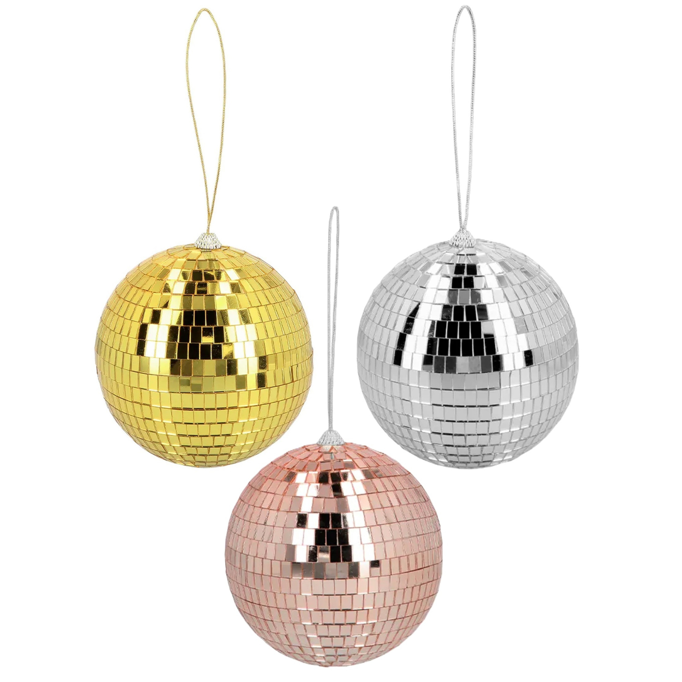 Disco spiegelballen set 3x stuks - mix kleuren - Dia 15 cm - Seventies/eighties thema versiering -