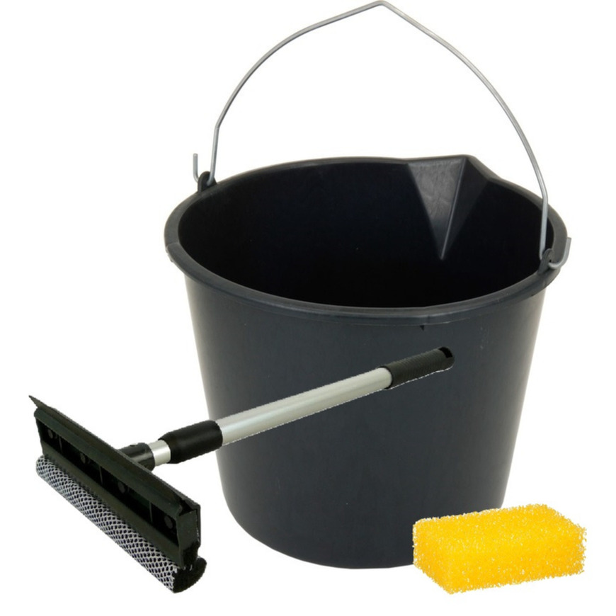 Auto ramen wassen/schoonmaken pakket - speciale spons/emmer/raamtrekker -