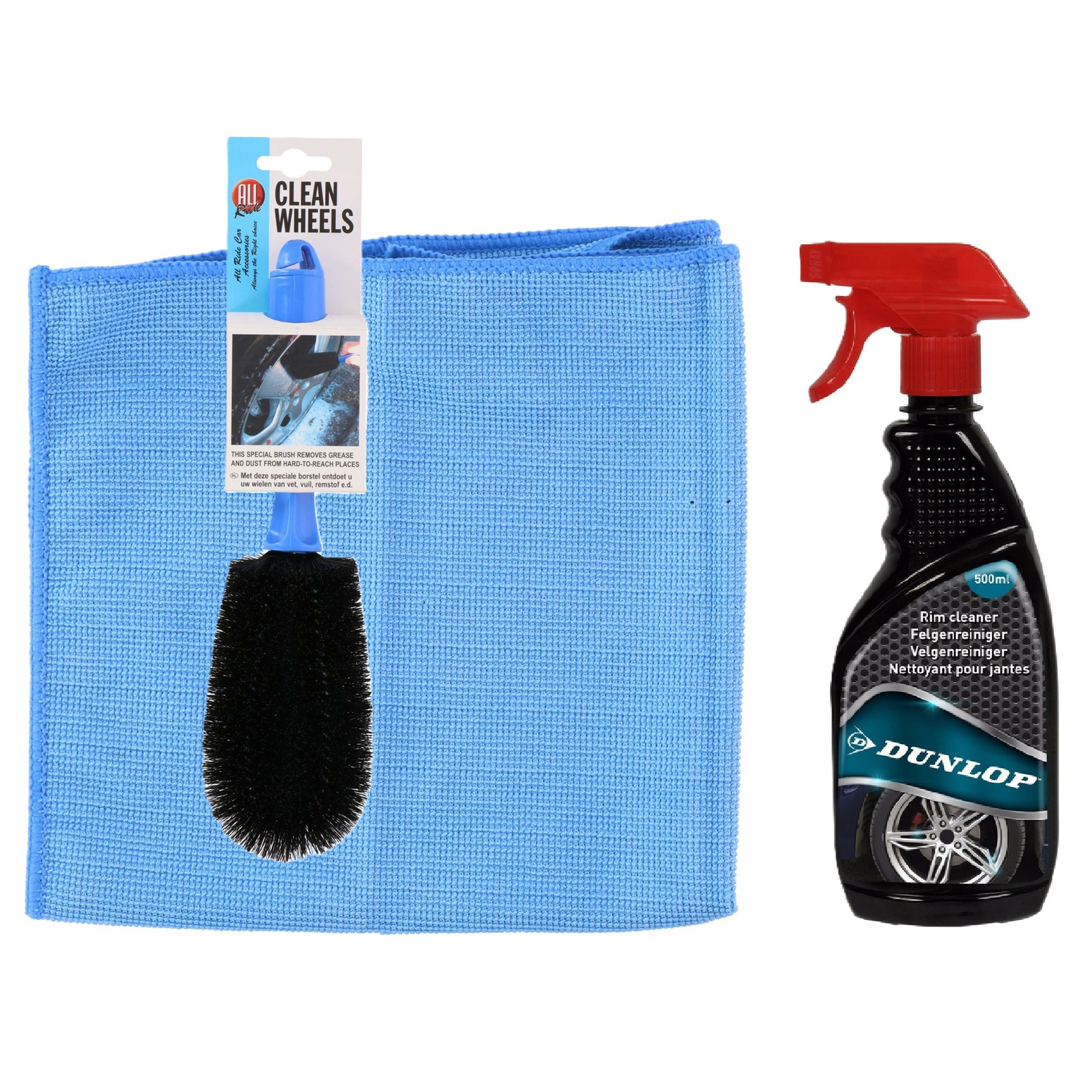 Dunlop auto velgen schoonmaken set - borstel/spray/doek - velgenreiniger pakket - blauw -