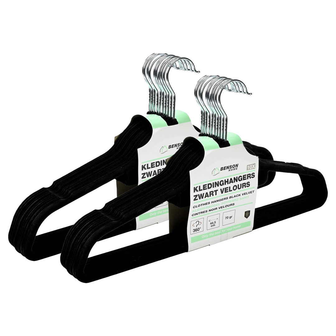 Kledinghangers set - 20x stuks - zwart velours - kunststof - 44.5 cm - kledingkast hangers/kleerhang -