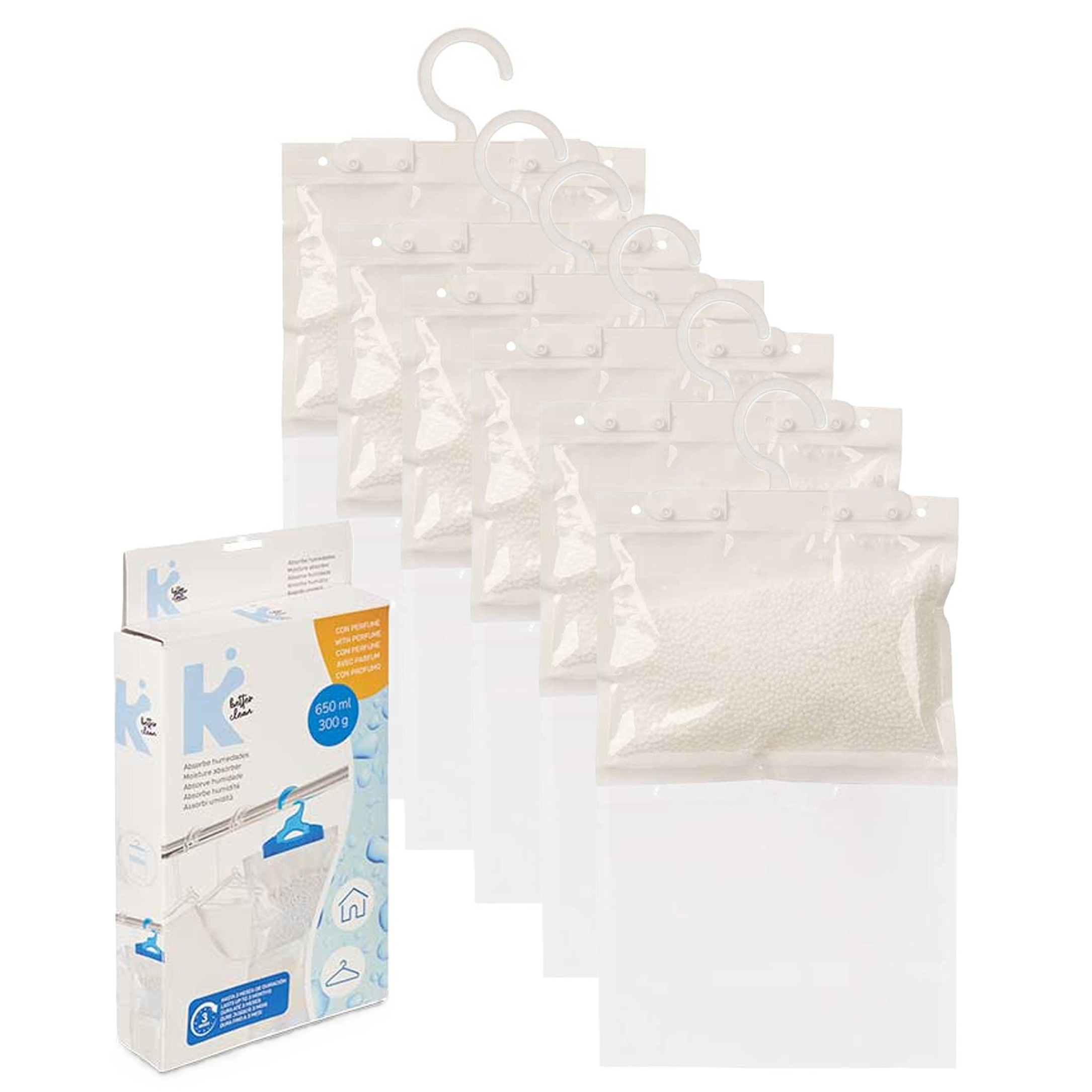 Vocht opnemende korrels 650 gram - 6x - Tegen schimmel/condens/geur - kledingkast - aan ophang haak -