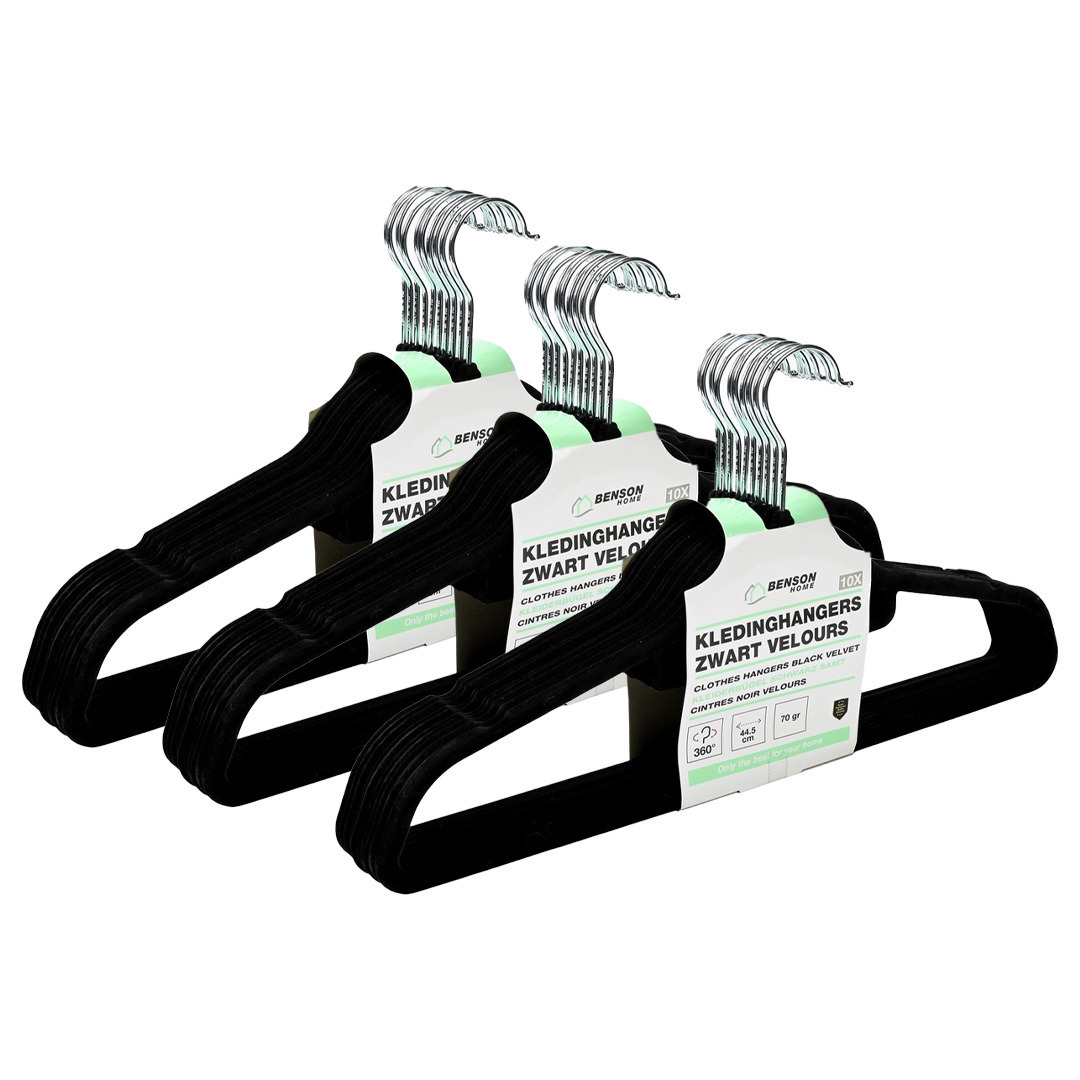 Kledinghangers set - 30x stuks - zwart velours - kunststof - 44.5 cm - kledingkast hangers/kleerhang -