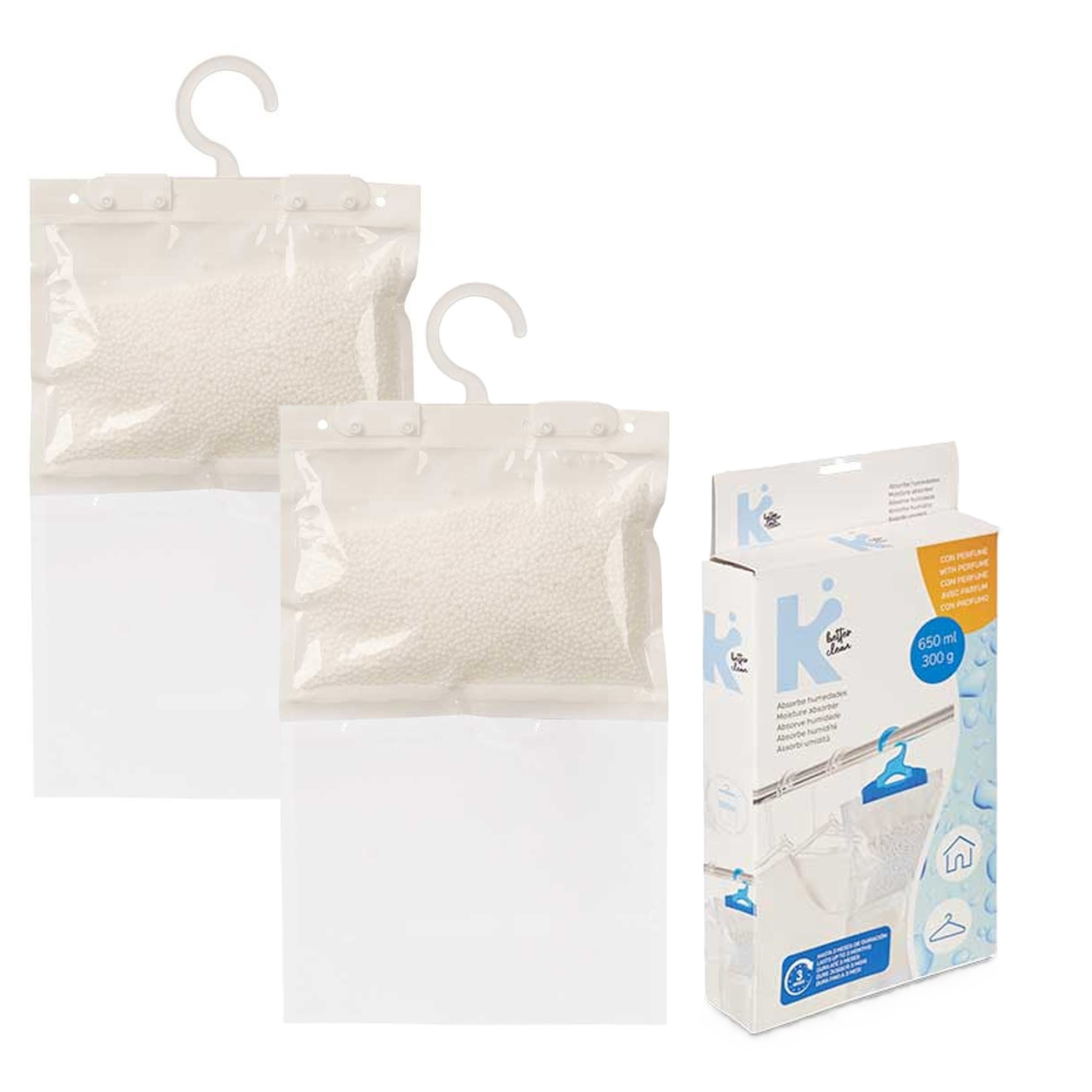 Vocht opnemende korrels 650 gram - 2x - Tegen schimmel/condens/geur - kledingkast - aan ophang haak -