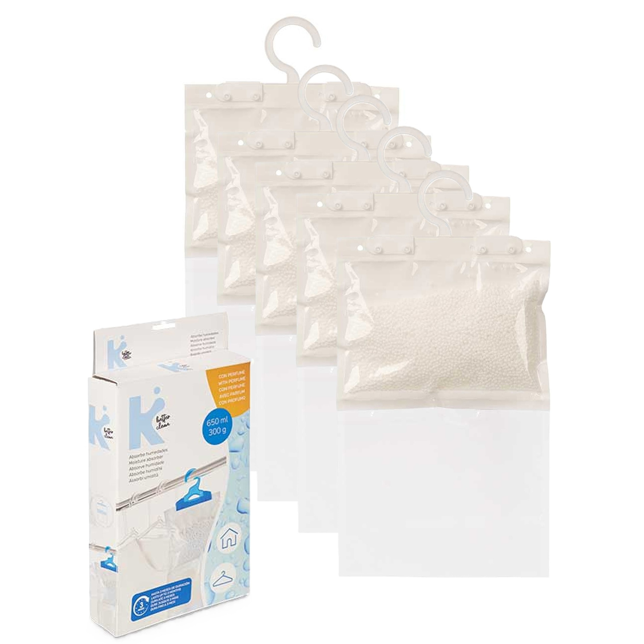 Vocht opnemende korrels 650 gram - 5x - Tegen schimmel/condens/geur - kledingkast - aan ophang haak -