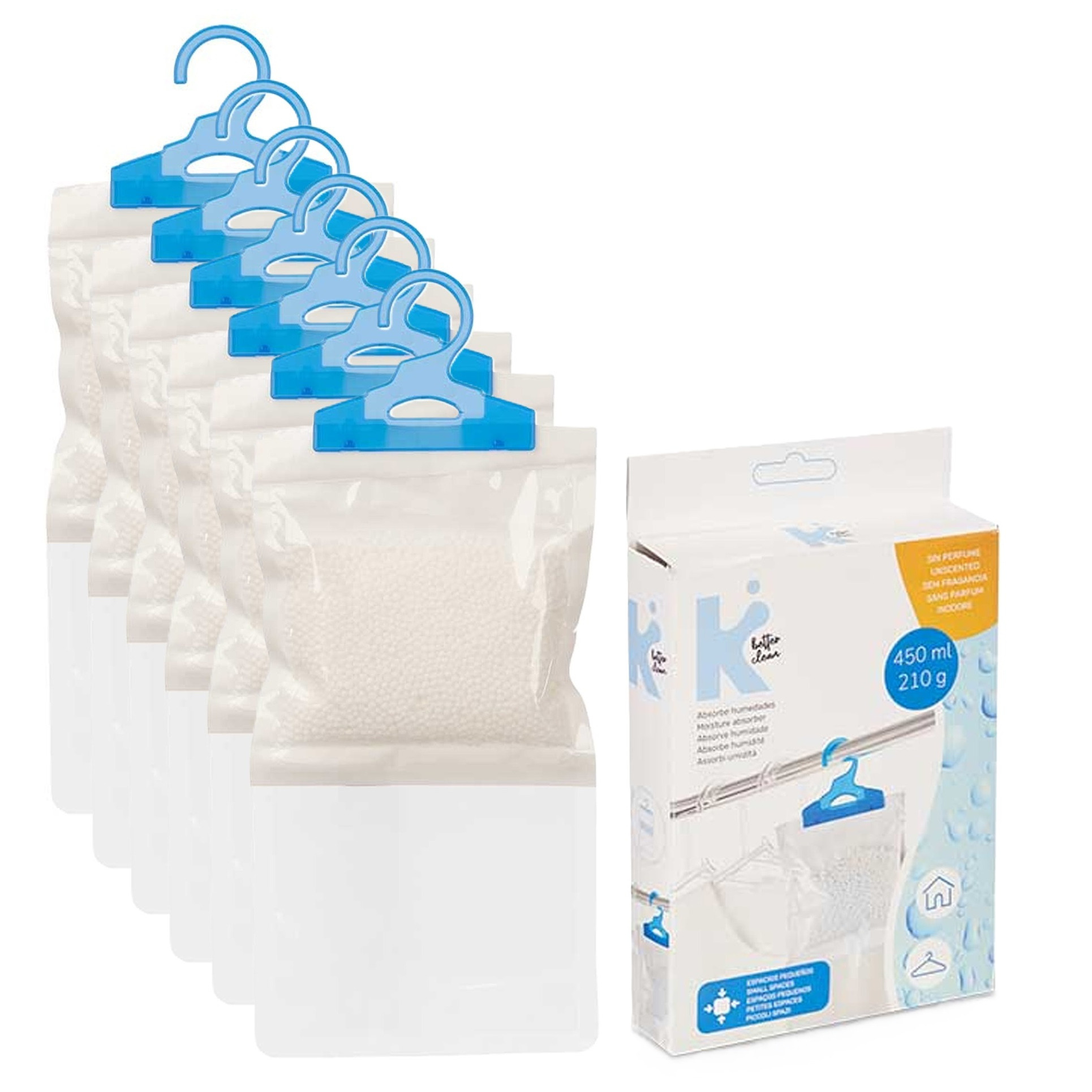 Vocht opnemende korrels 450 gram - 6x - Tegen schimmel/condens/geur - kledingkast - aan ophang haak -
