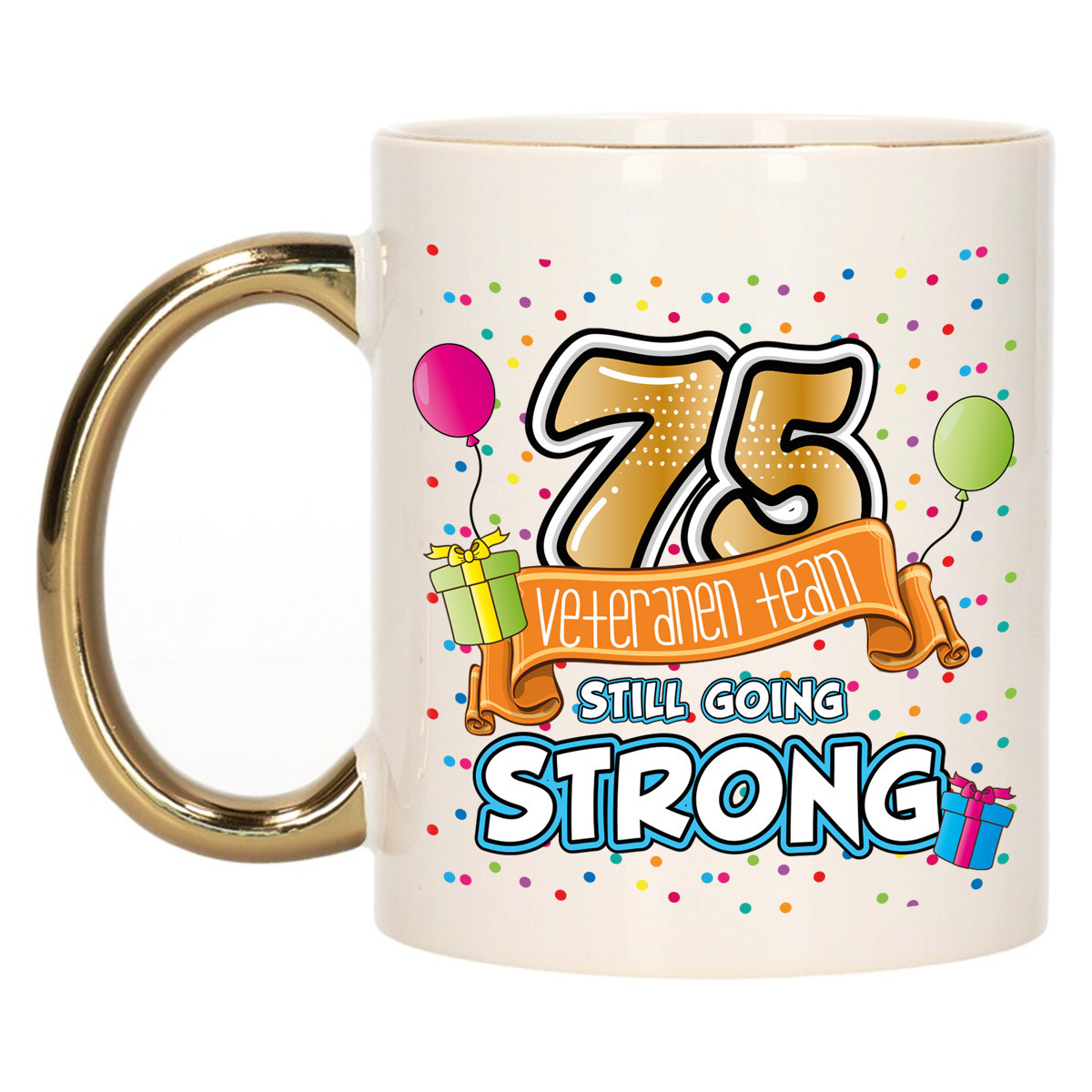 Verjaardag cadeau mok 75 jaar - goud - veteranen team - 300 ml - keramiek -