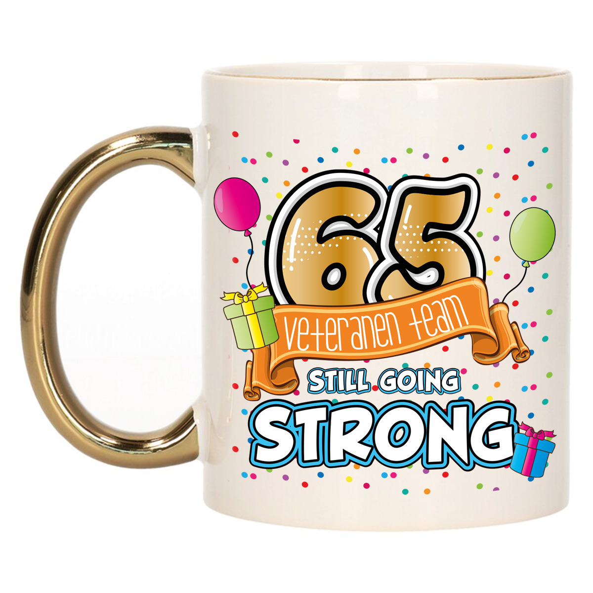 Verjaardag cadeau mok 65 jaar - goud - veteranen team - 300 ml - keramiek -