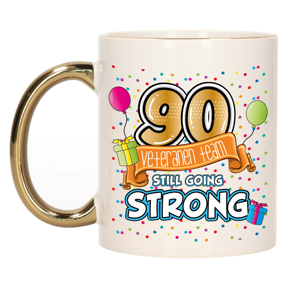 Verjaardag cadeau mok 90 jaar - goud - veteranen team - 300 ml - keramiek -