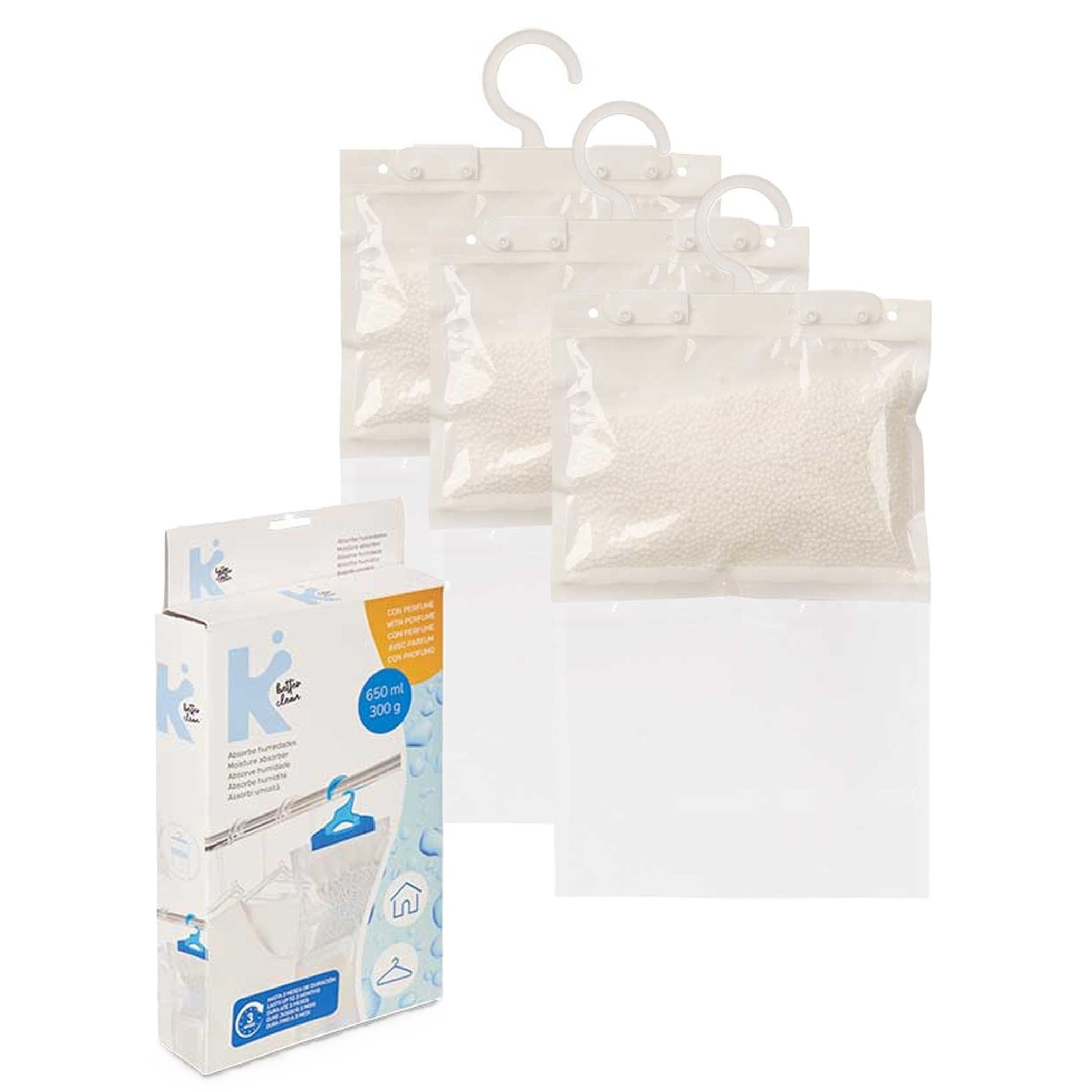 Vocht opnemende korrels 650 gram - 3x - Tegen schimmel/condens/geur - kledingkast - aan ophang haak -