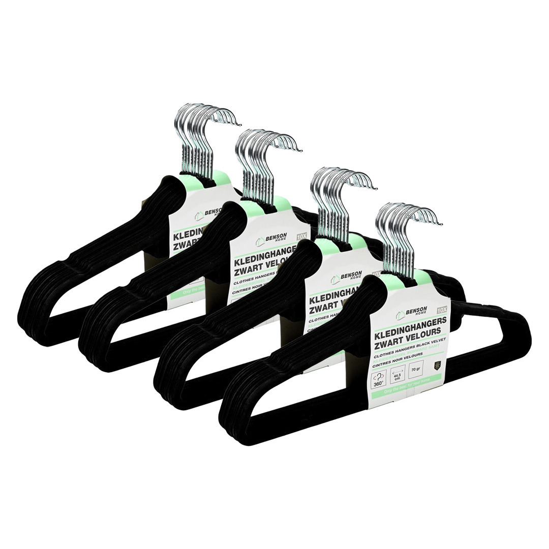 Kledinghangers set - 40x stuks - zwart velours - kunststof - 44.5 cm - kledingkast hangers/kleerhang -
