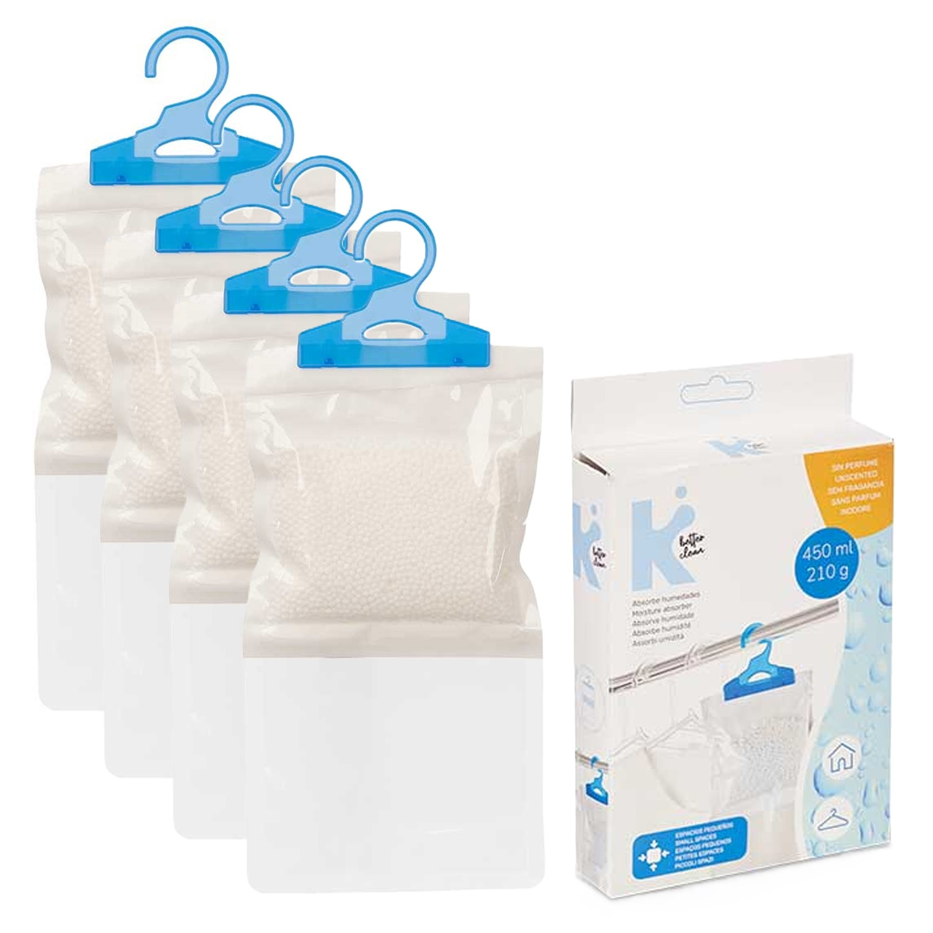 Vocht opnemende korrels 450 gram - 4x - Tegen schimmel/condens/geur - kledingkast - aan ophang haak -