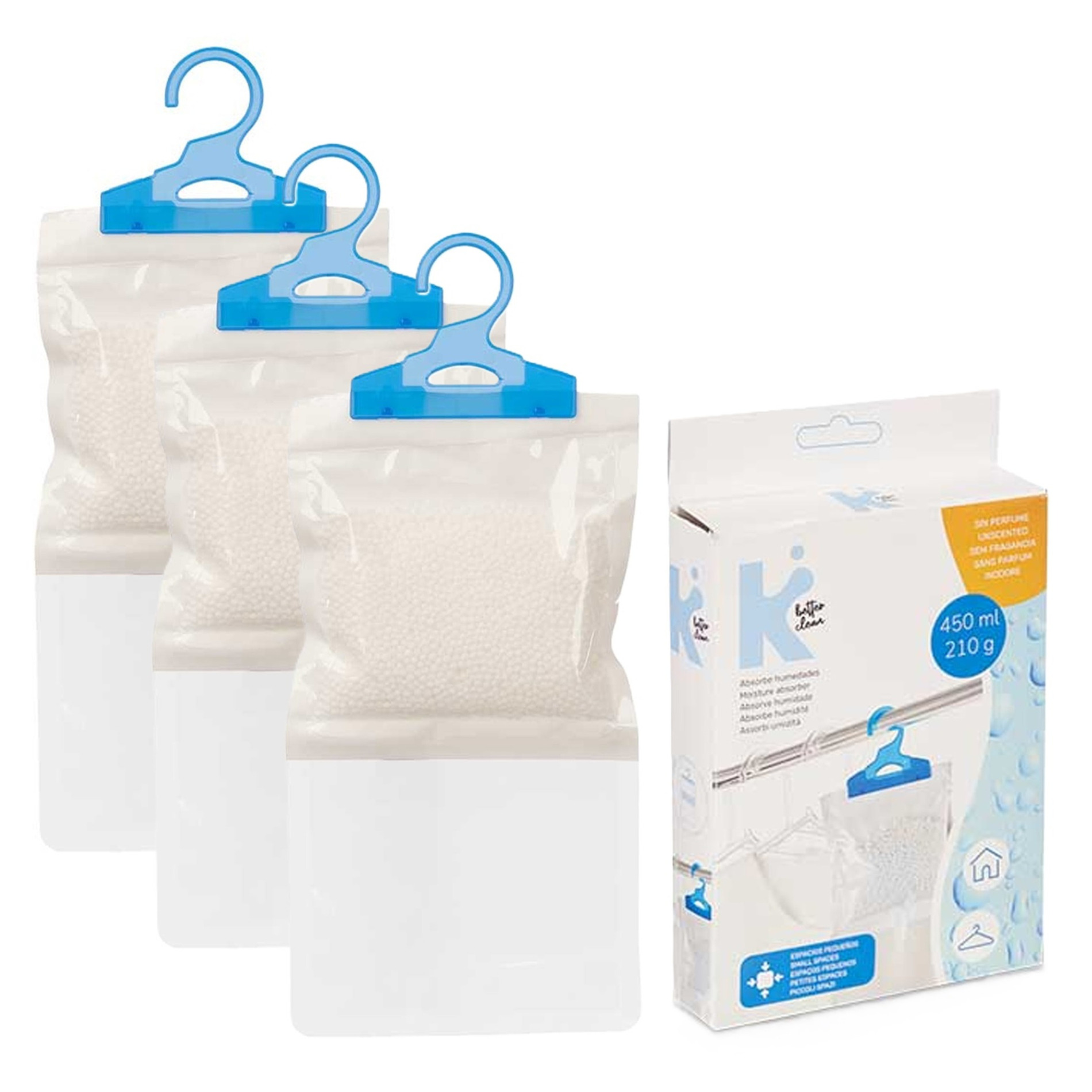 Vocht opnemende korrels 450 gram - 3x - Tegen schimmel/condens/geur - kledingkast - aan ophang haak -
