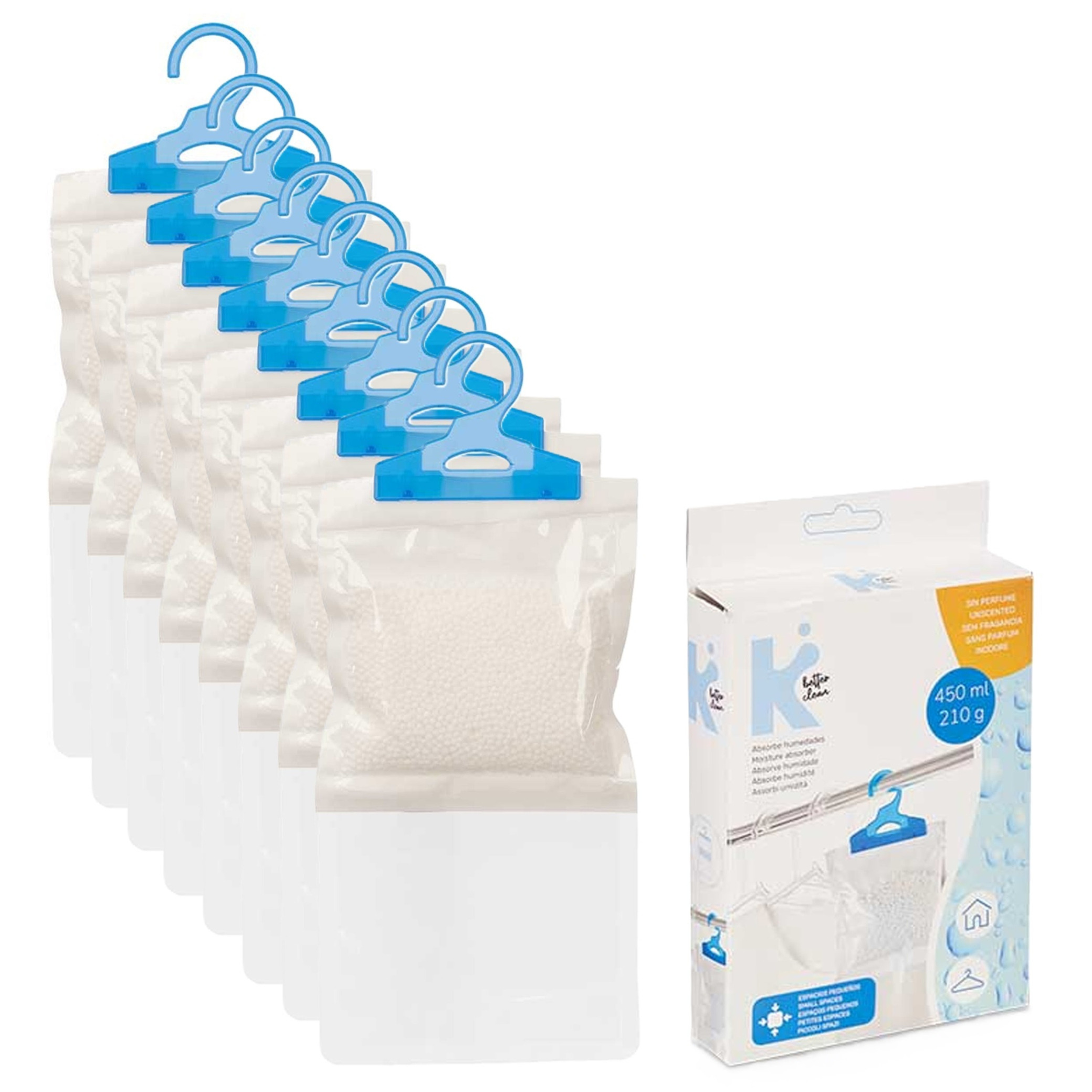 Vocht opnemende korrels 450 gram - 8x - Tegen schimmel/condens/geur - kledingkast - aan ophang haak -
