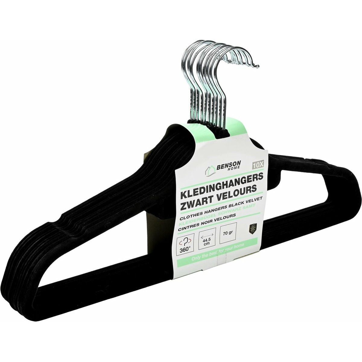 Kledinghangers set - 10x stuks - zwart velours - kunststof - 44.5 cm - kledingkast hangers/kleerhang -